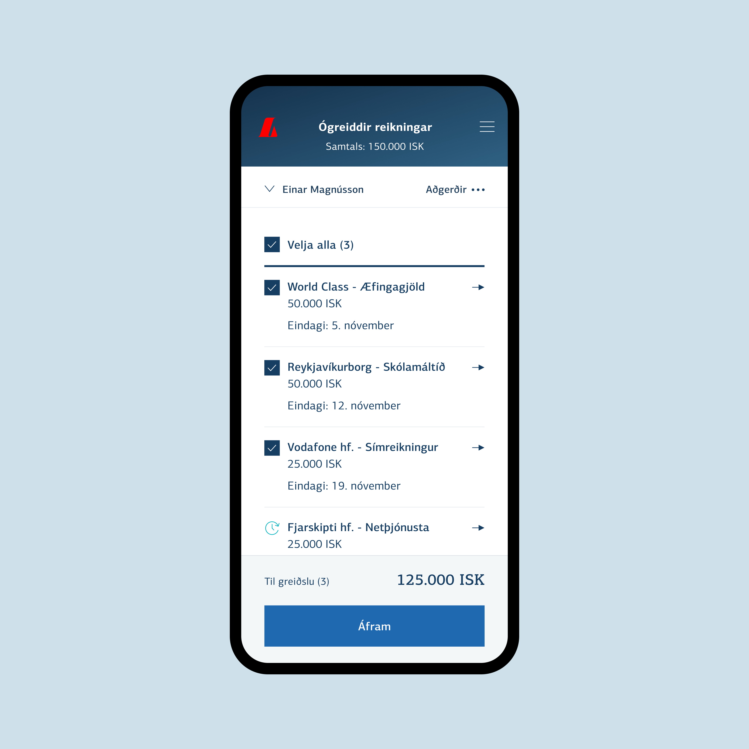 Skjámynd af svæði fyrir ógreidda reikninga í Landsbankaappinu
