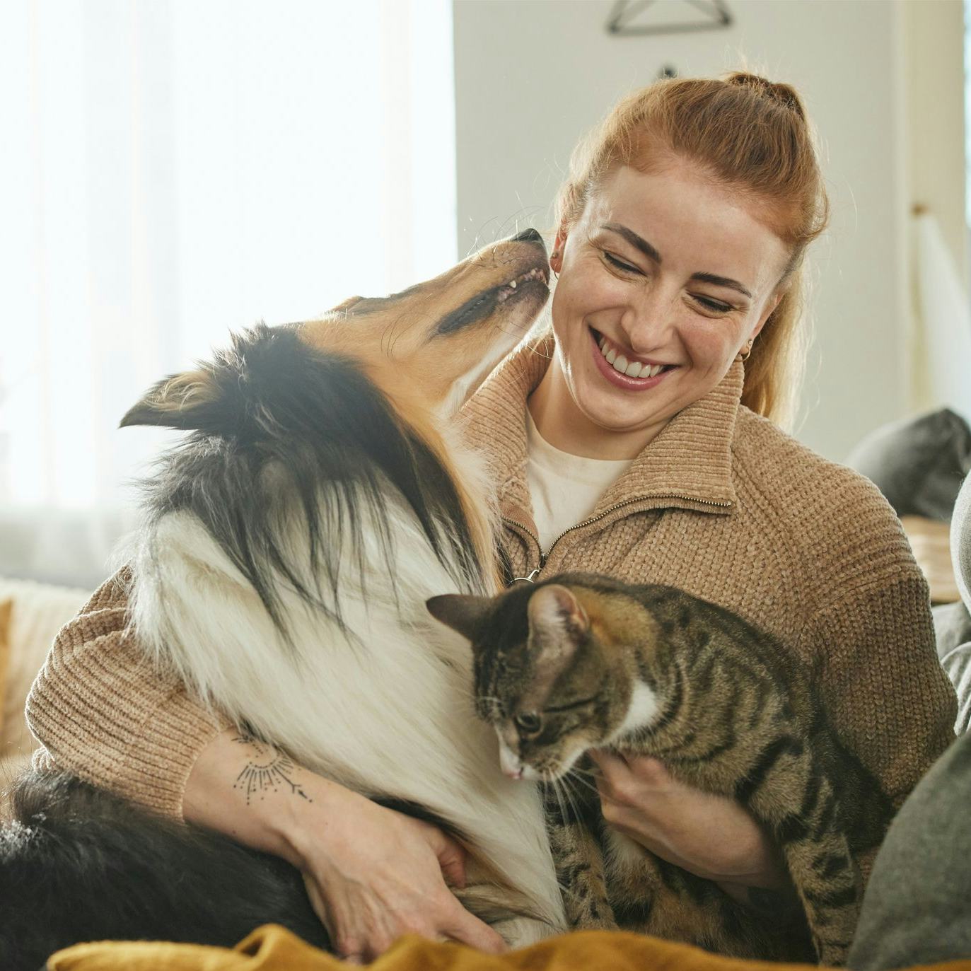 Kona með hund og kött