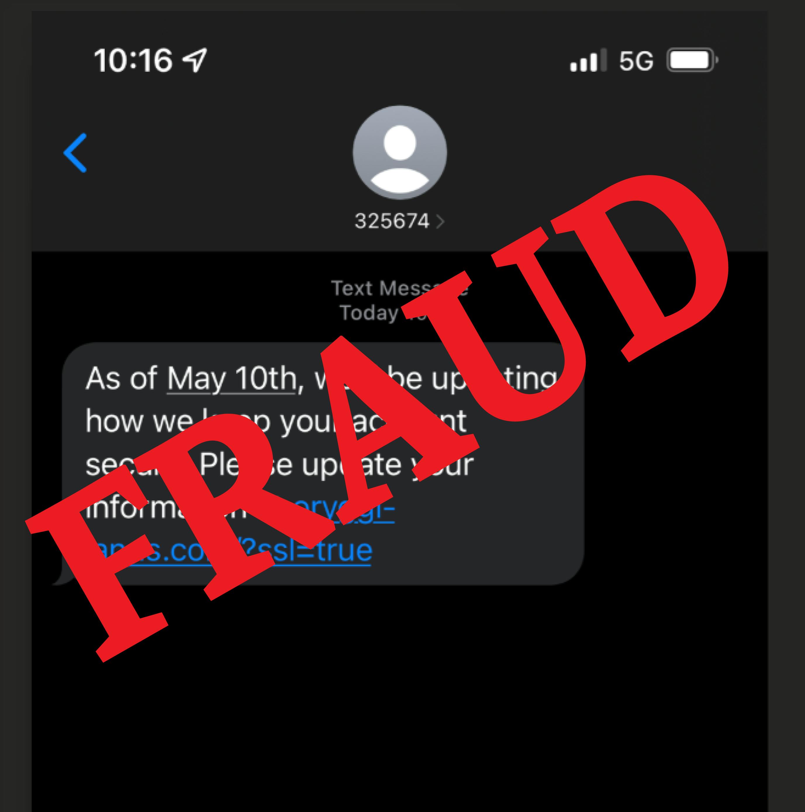 Screenshot of SMS fraud attempt