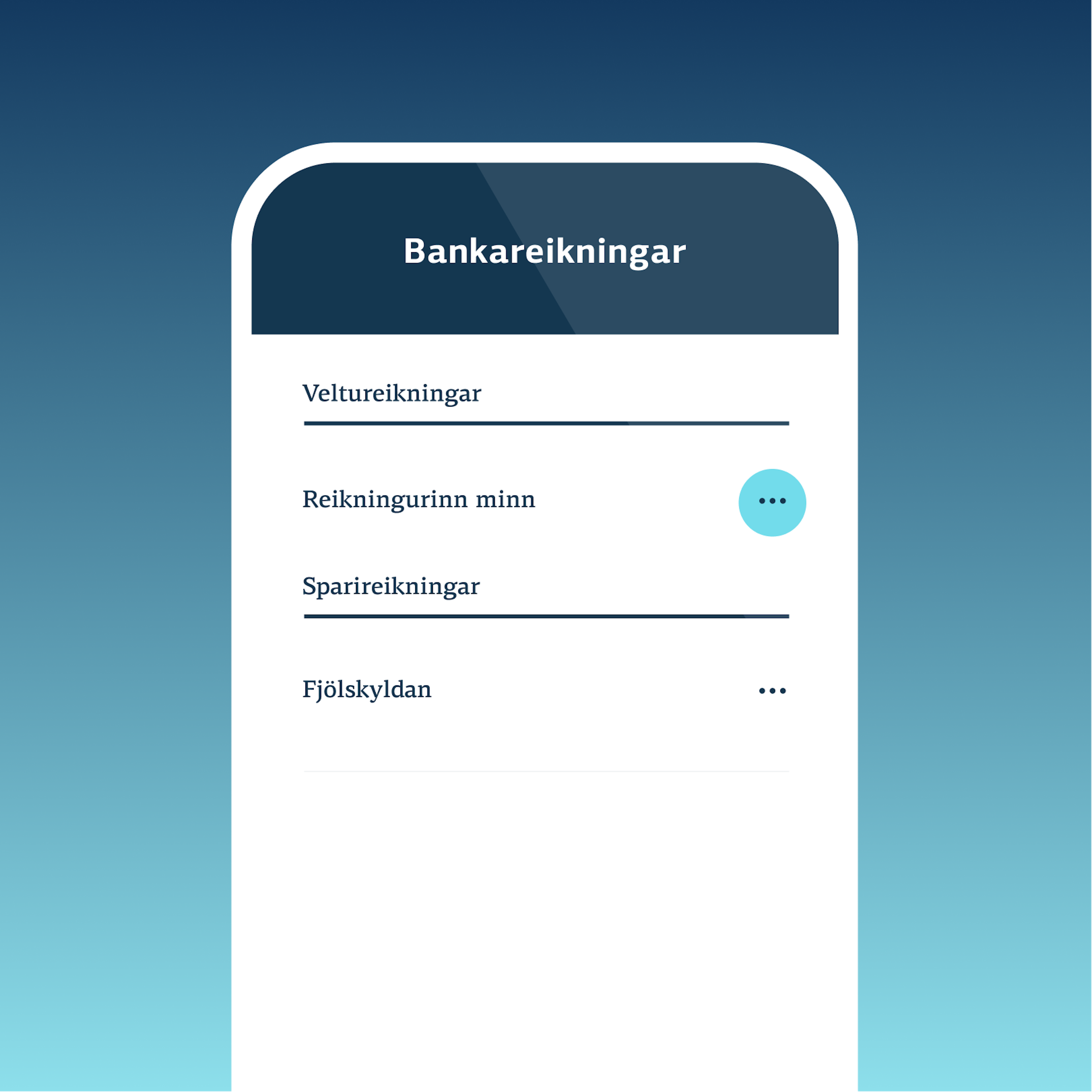 Skjáskot af bankareikningum í appi