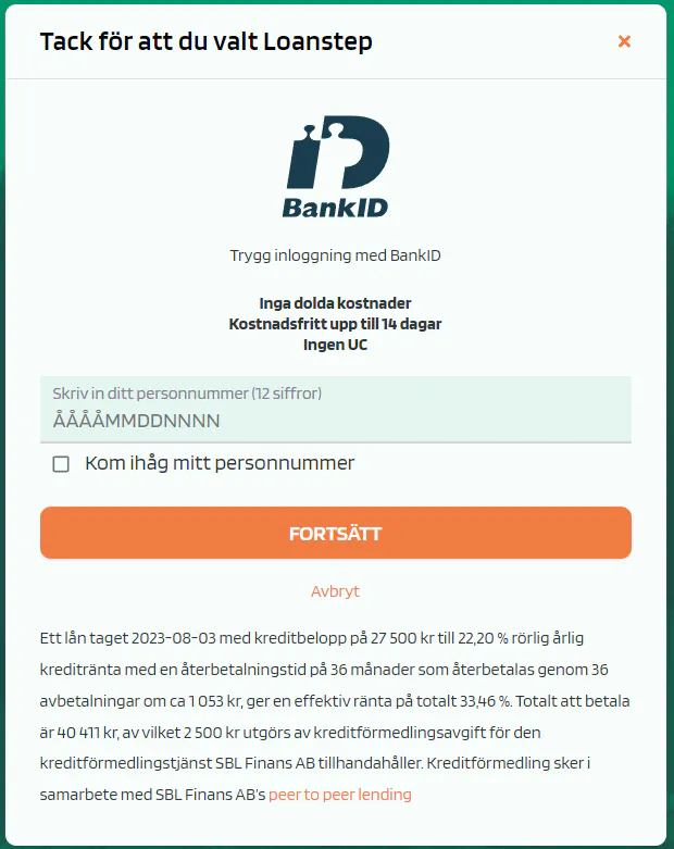 Snabblån Loanstep - Steg 1