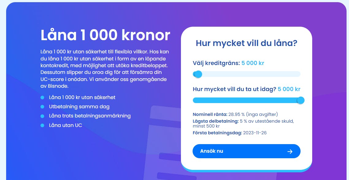 Brixo lånevillkor för lån om 1000 kr