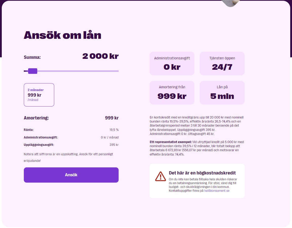 Saldo lånekrav för lån om 2000 kr
