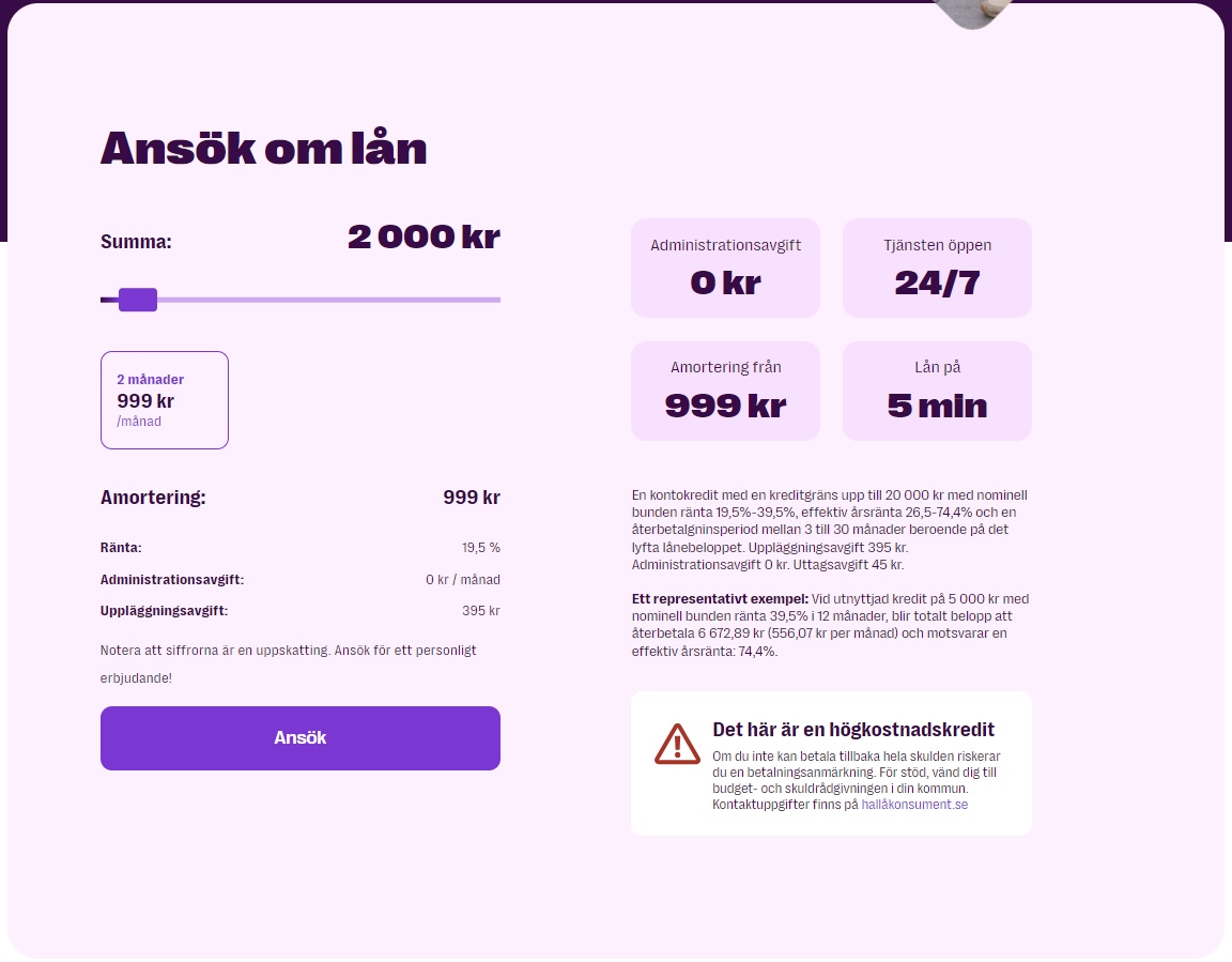 Saldo lånekrav för lån om 2000 kr