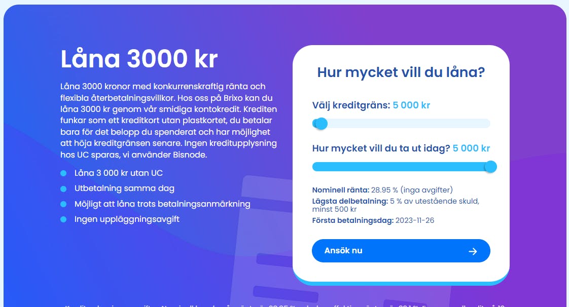 Låna 3000 kr hos Brixo utan uc