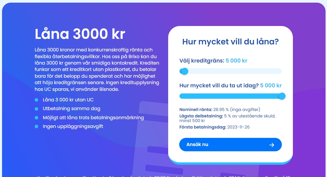 Låna 3000 kr hos Brixo utan uc