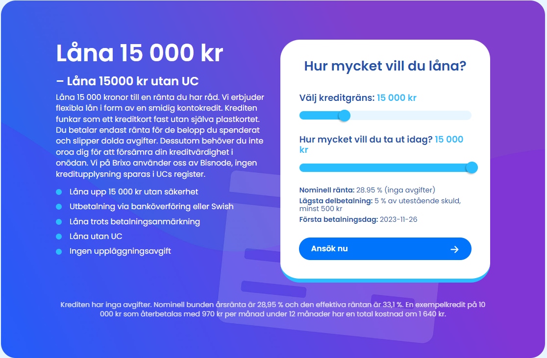 Låna 15000 kr utan uc med  betalningsanmärkning hos Brixo