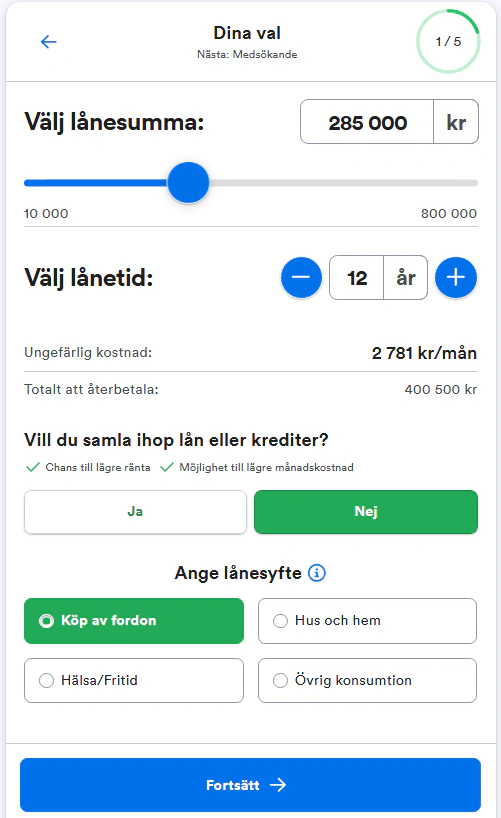 Lendo ansökningsprocess med val av belopp och löptid.
