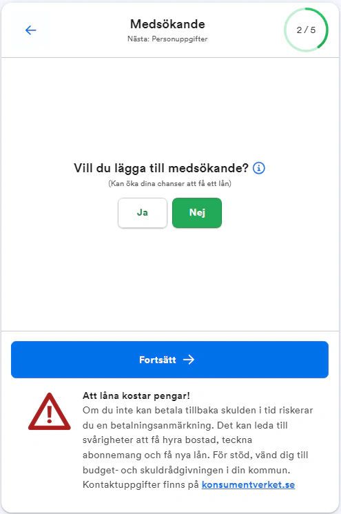 Val av att söka med medsökande eller ej.