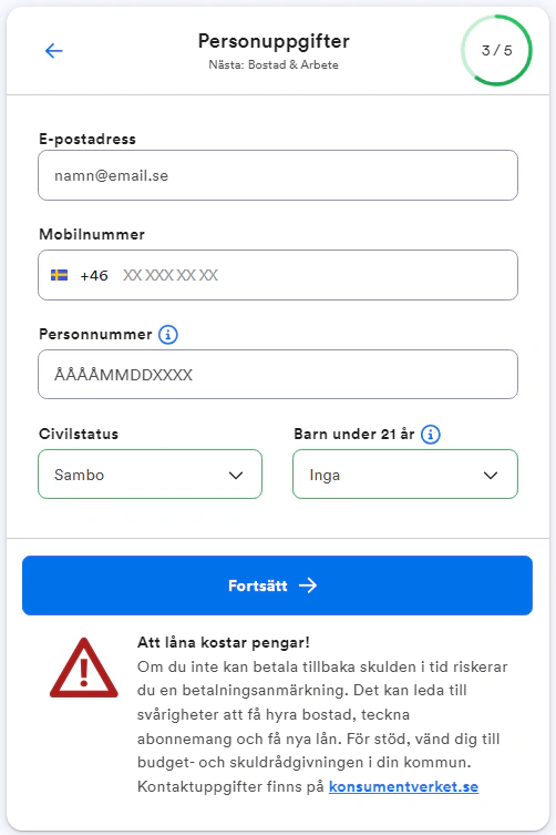 Fyll i personuppgifter och signera med BankID.