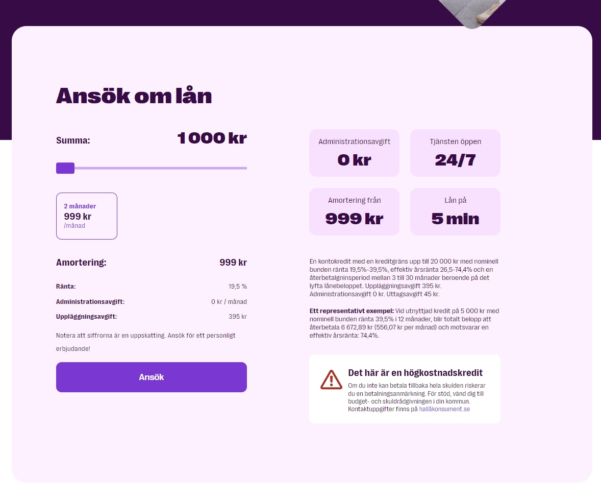 Låna 1000 kr hos Saldo