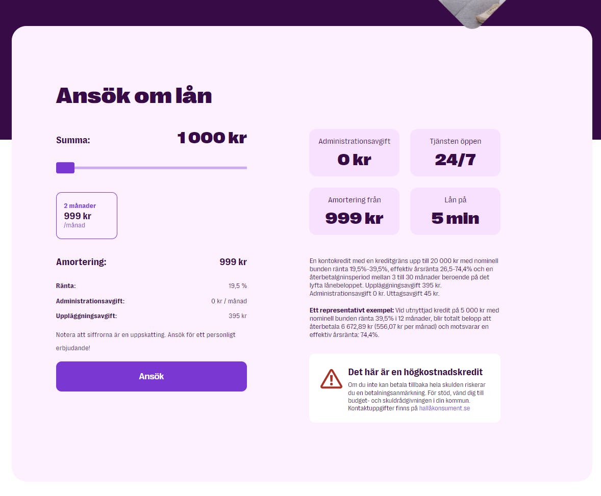 Låna 1000 kr hos Saldo