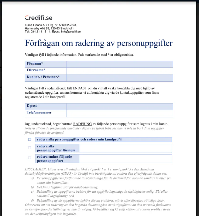 Blankett från Credifi