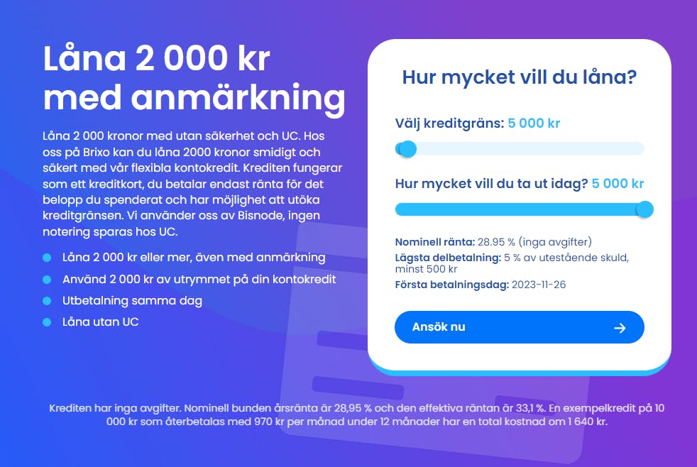 Låna 2000 kr med anmärkning hos Brixo