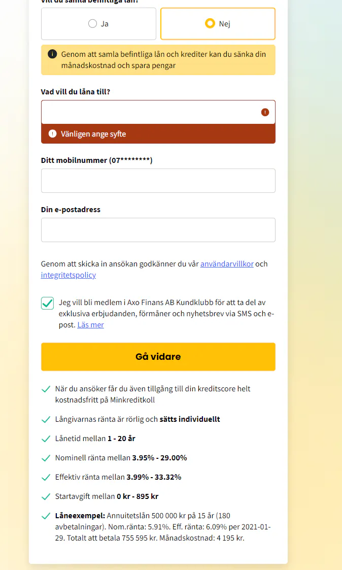 Axo finans ansökningsformulär steg 2