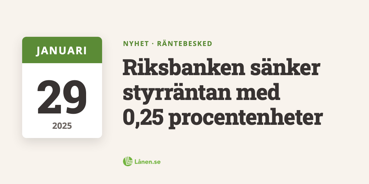Räntebesked: Riksbanken sänker styrräntan med 0,25 procentenheter