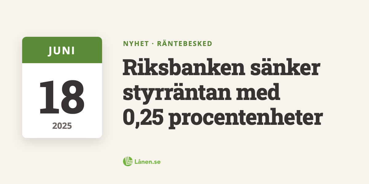 Räntebesked: Riksbanken sänker styrräntan med 0,25 procentenheter
