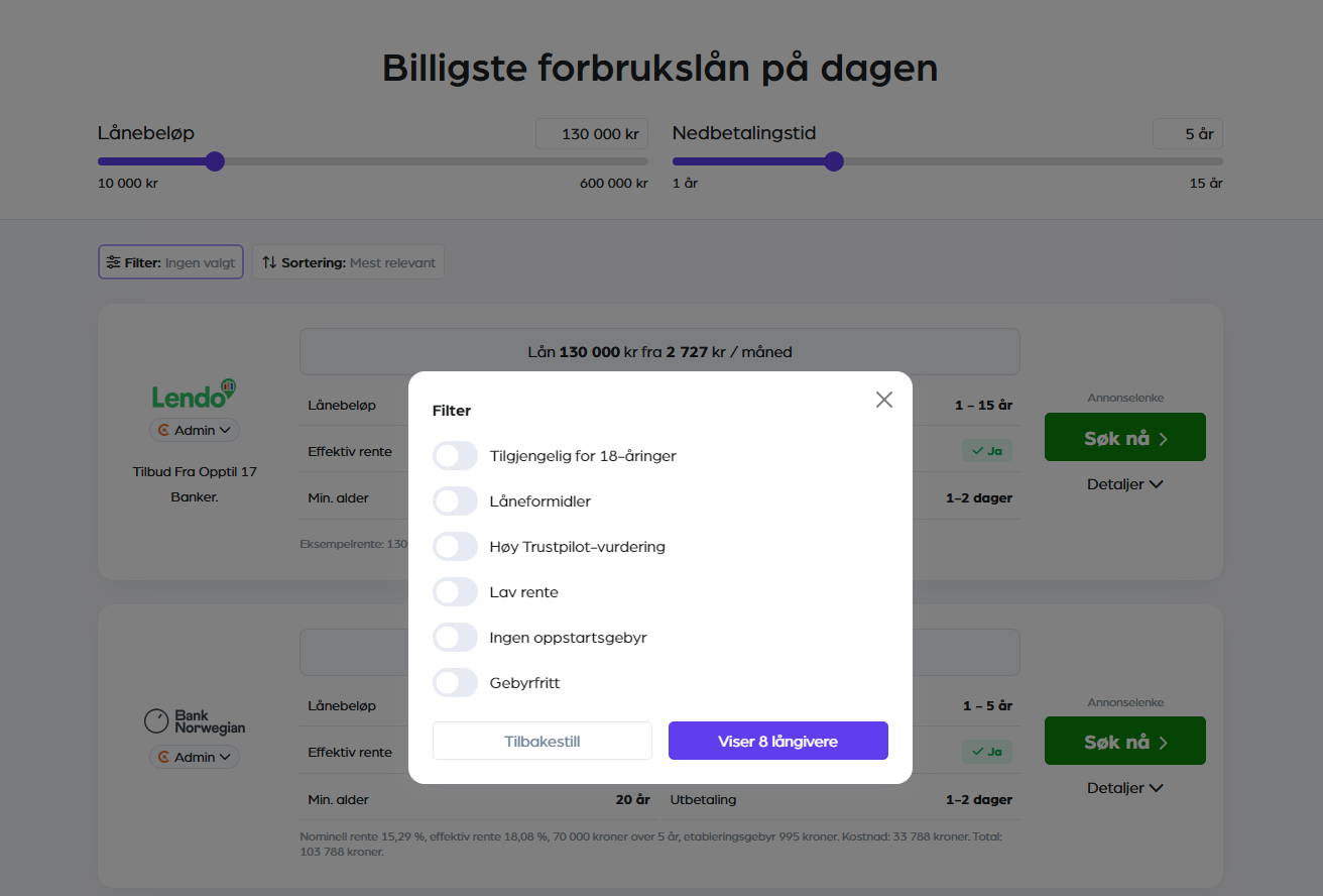 Sammenligningsfilter på Lånepenger.no
