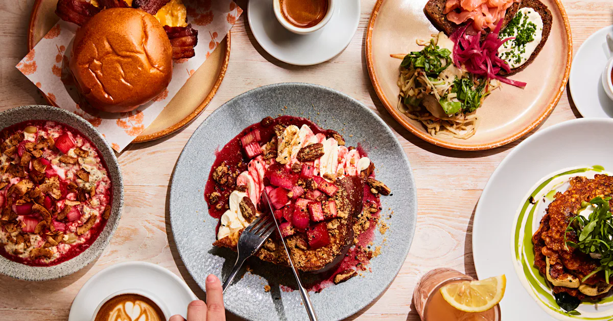 Rhubarb french toast, bacon and egg roll, granola and perfect eggs at Lantana