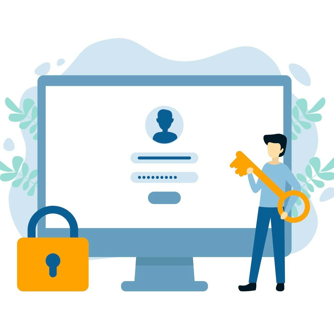 Computer on account creation page, person holding a key to show security.