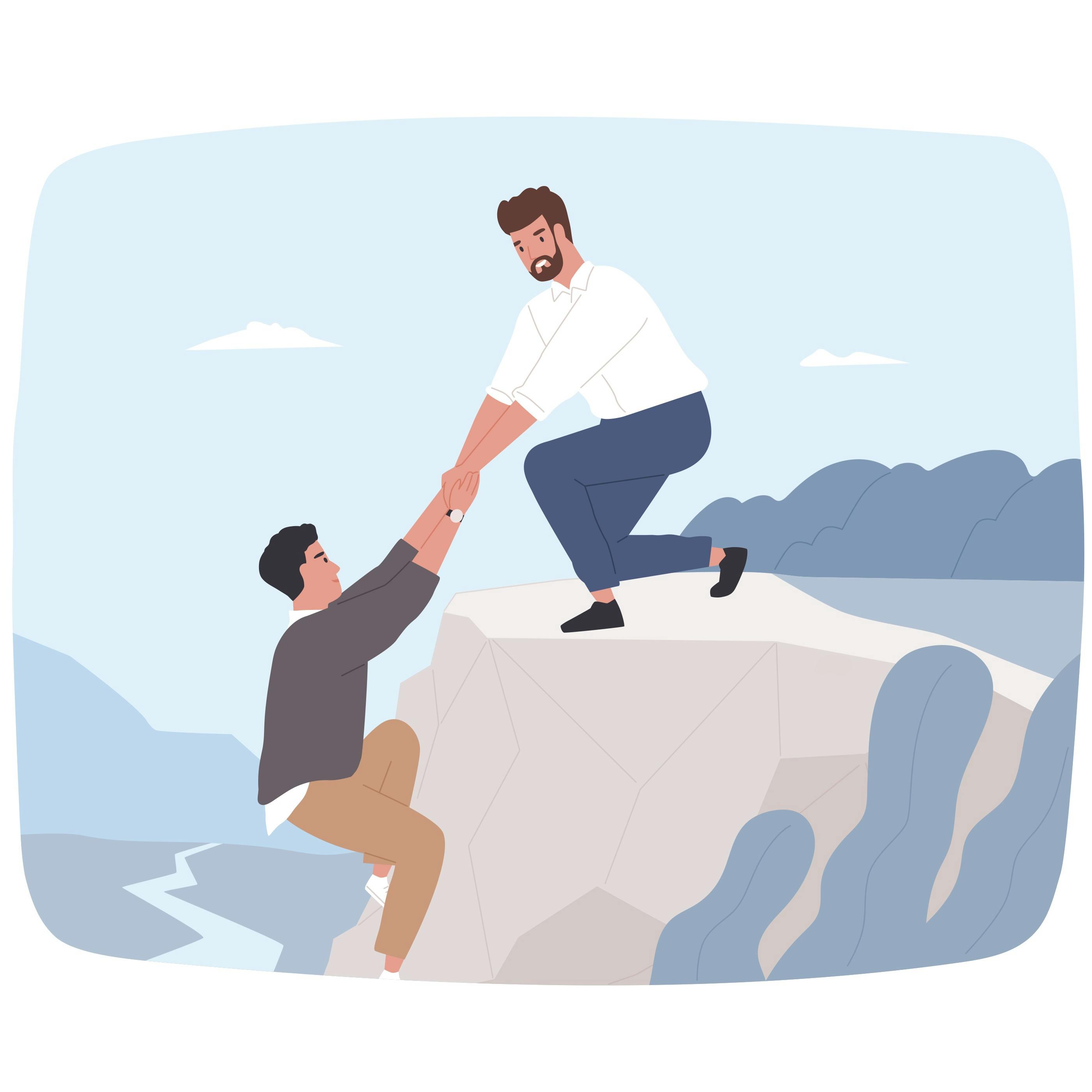 Person helping another person on the side of a cliff with an outreached hand. 