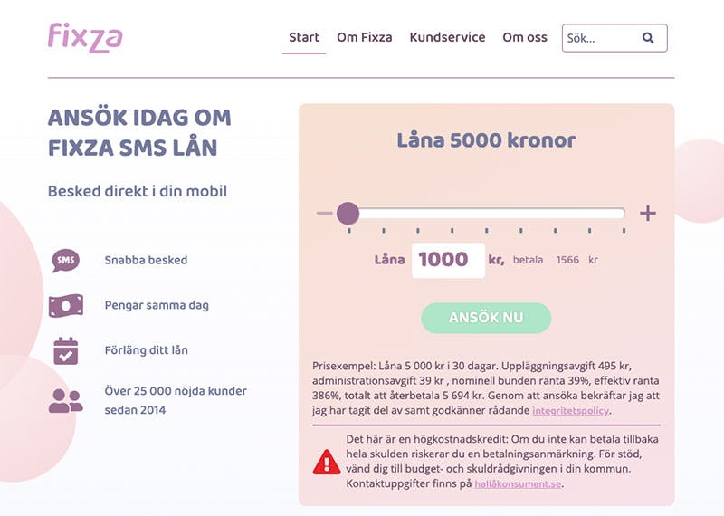 Skärmdump från Fixza.se