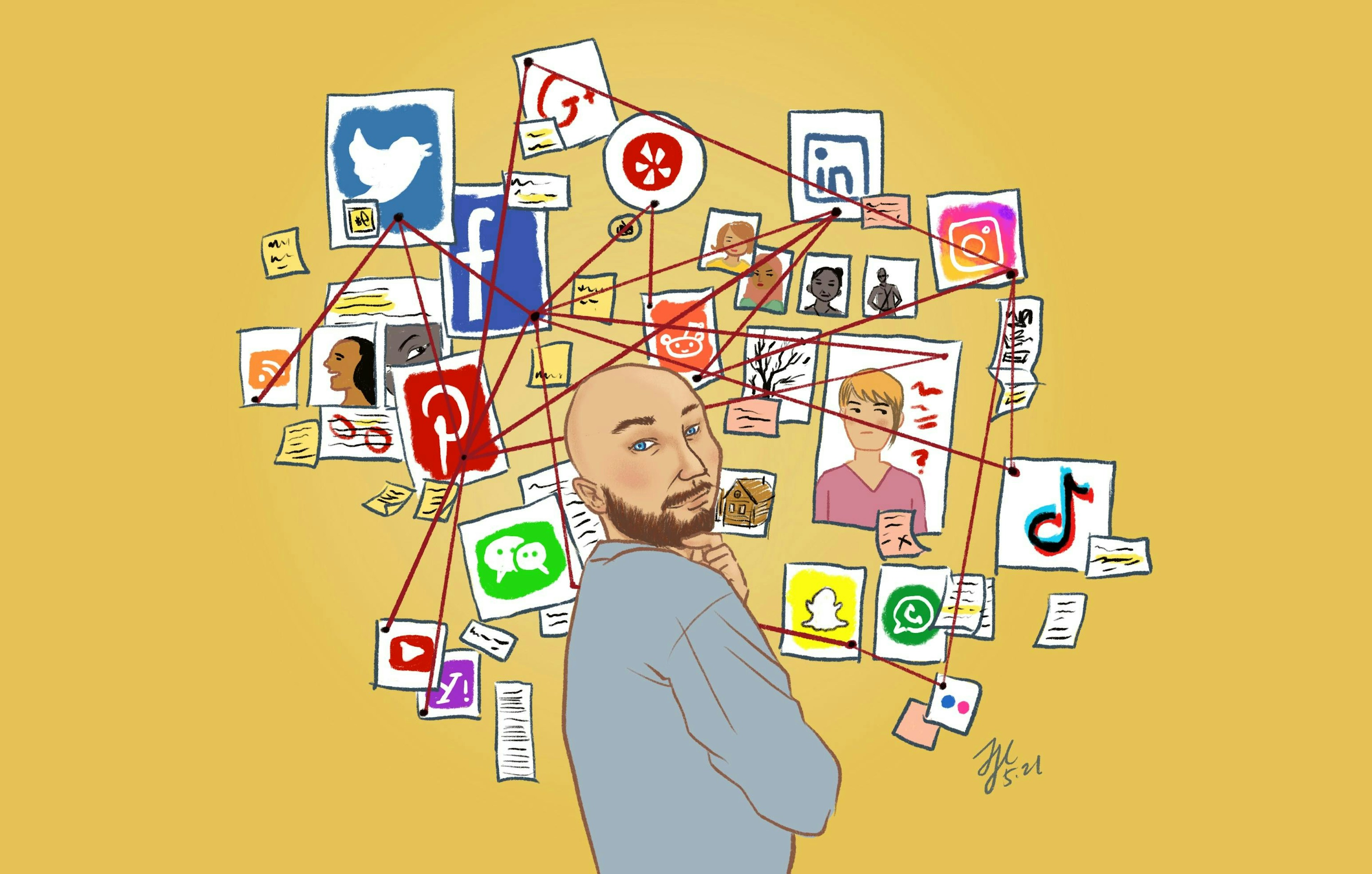 Illustration of Anthony Kelly, standing over a pinboard joining many different social media logos and other communications themes.