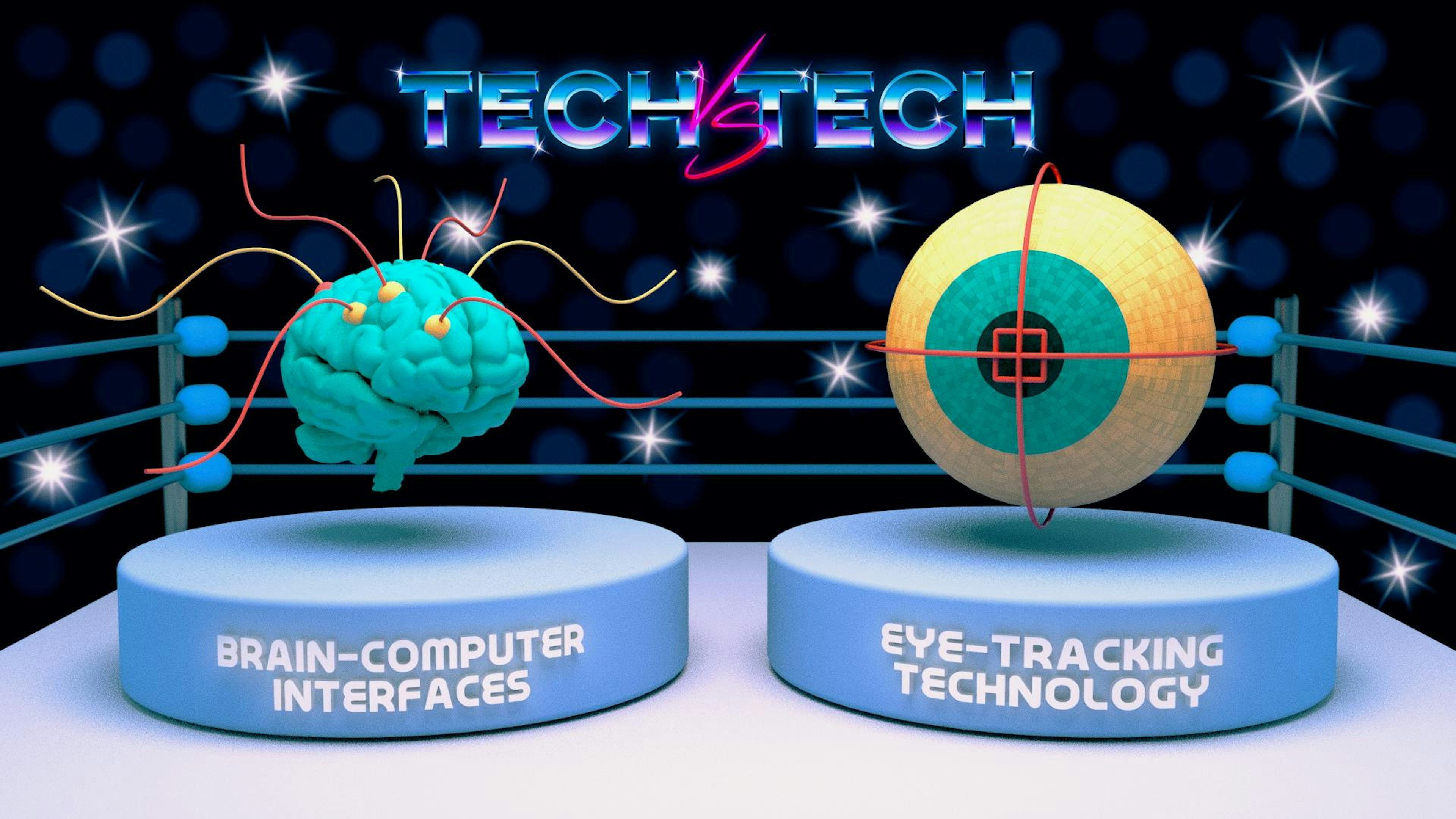 An arena in which the two "combattants" are a brain with computer nodes attached to it, and an eye with a laser focal point over it. The header reads "Tech vs Tech" and below each respective combatant is their label: Brian-Computer Interfaces and Eye-Tracking Technology.