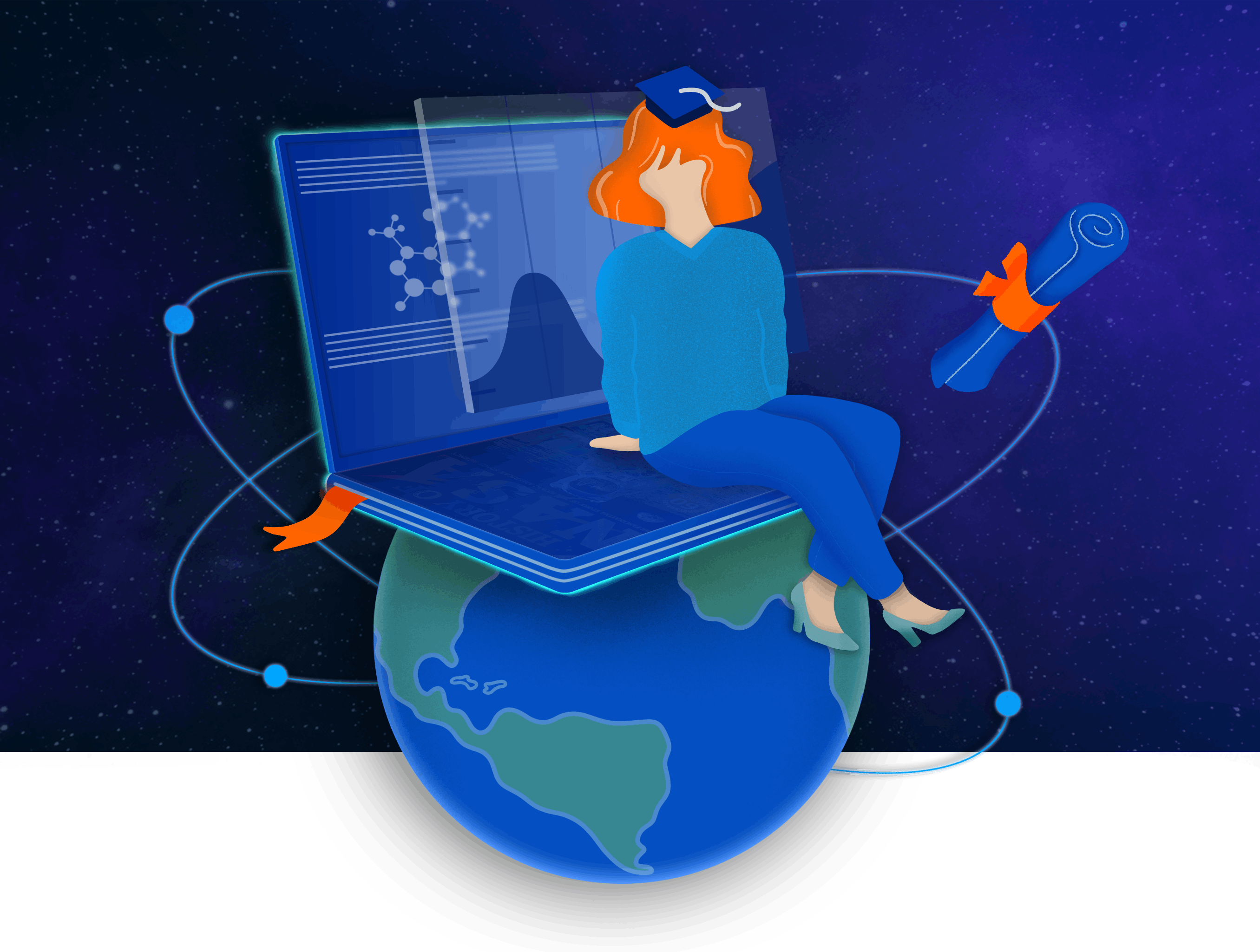 A figure with a graduation cap, a sweater, jeans and high heels sits on the edge of a giant laptop, which in turn is sitting on a sphere of the earth. Nearby, a diploma hovers.