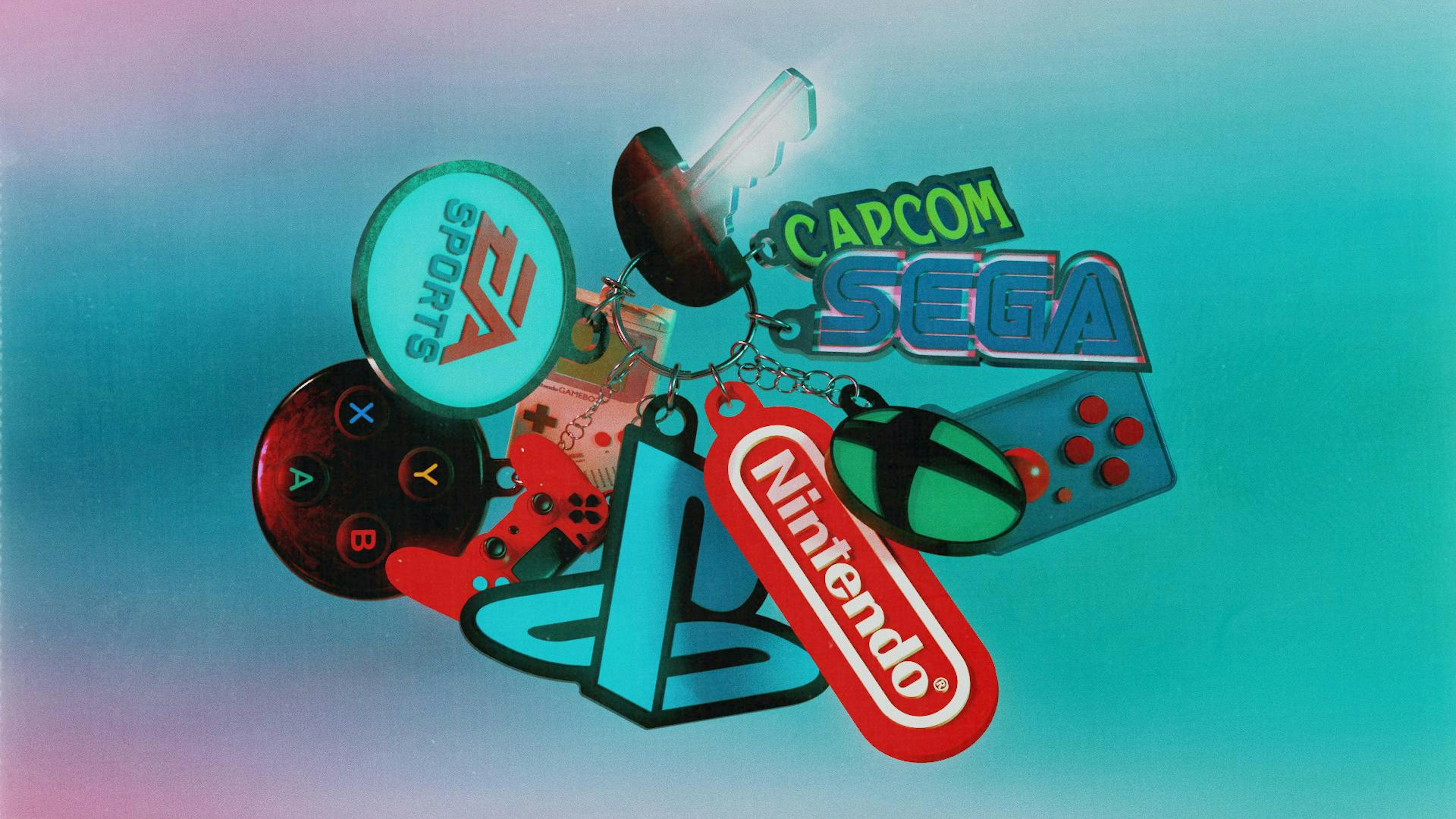 Illustration of different gaming companies, including EA Sports, Capcom, Nintendo, Sega, Xbox and Playstation, on a keychain with a shining key pointing outward.