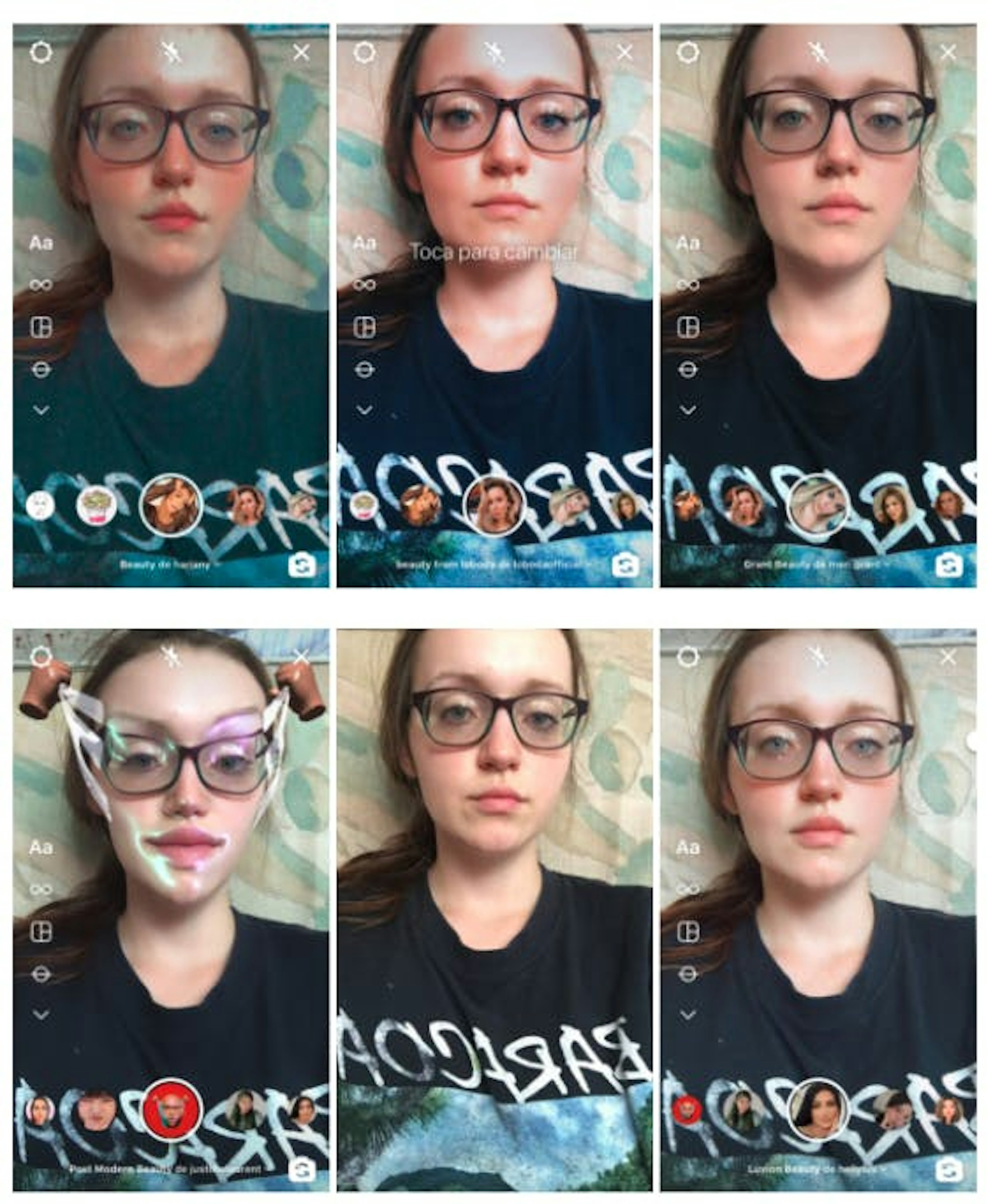 An example of six filters the author has tried on herself, including redder lips and cheeks, paler skin and even a filter that appears to plastify and lift her features.