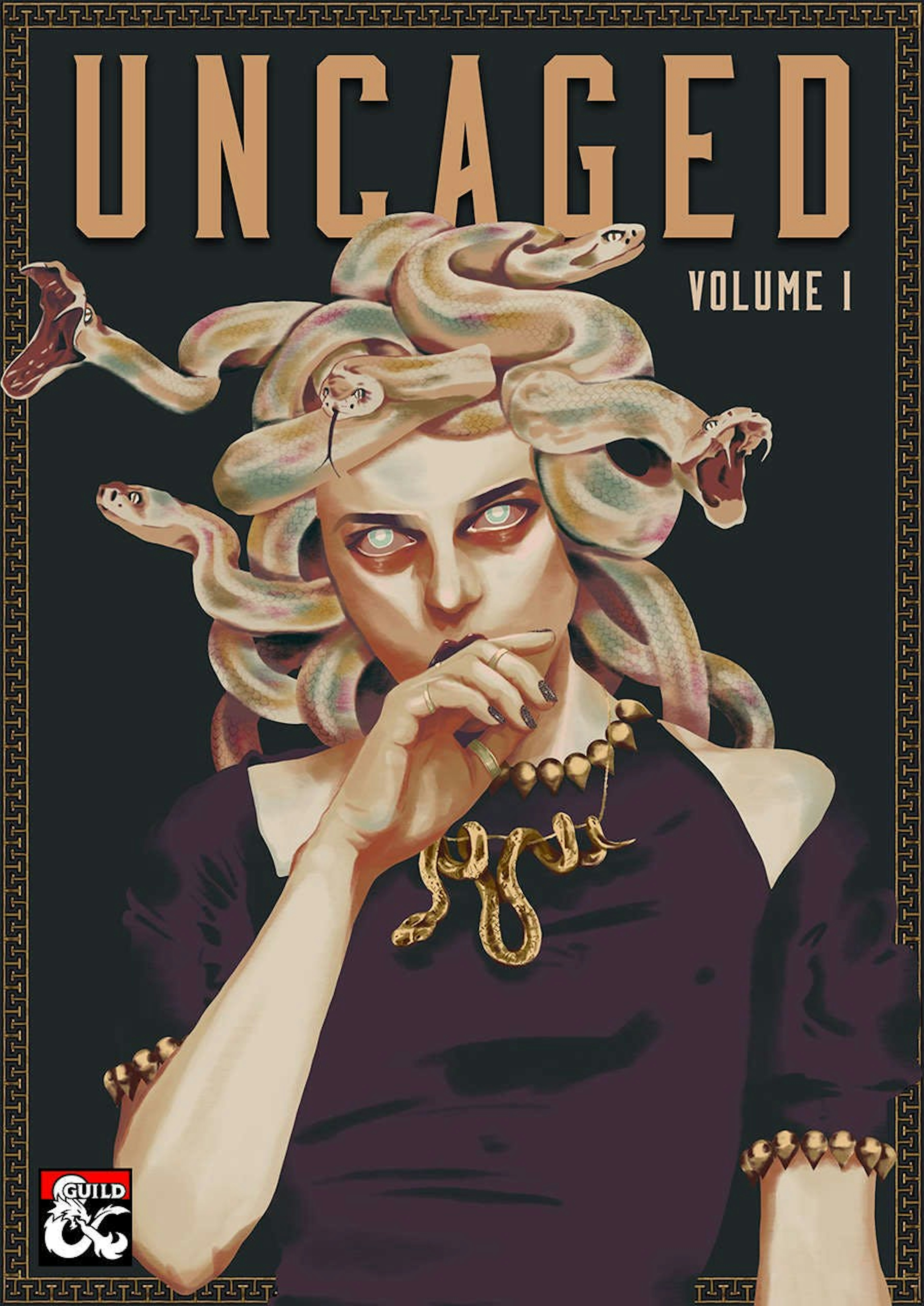 The cover of volume 1 of the Uncaged Anthology, featuring an empowered Medusa.