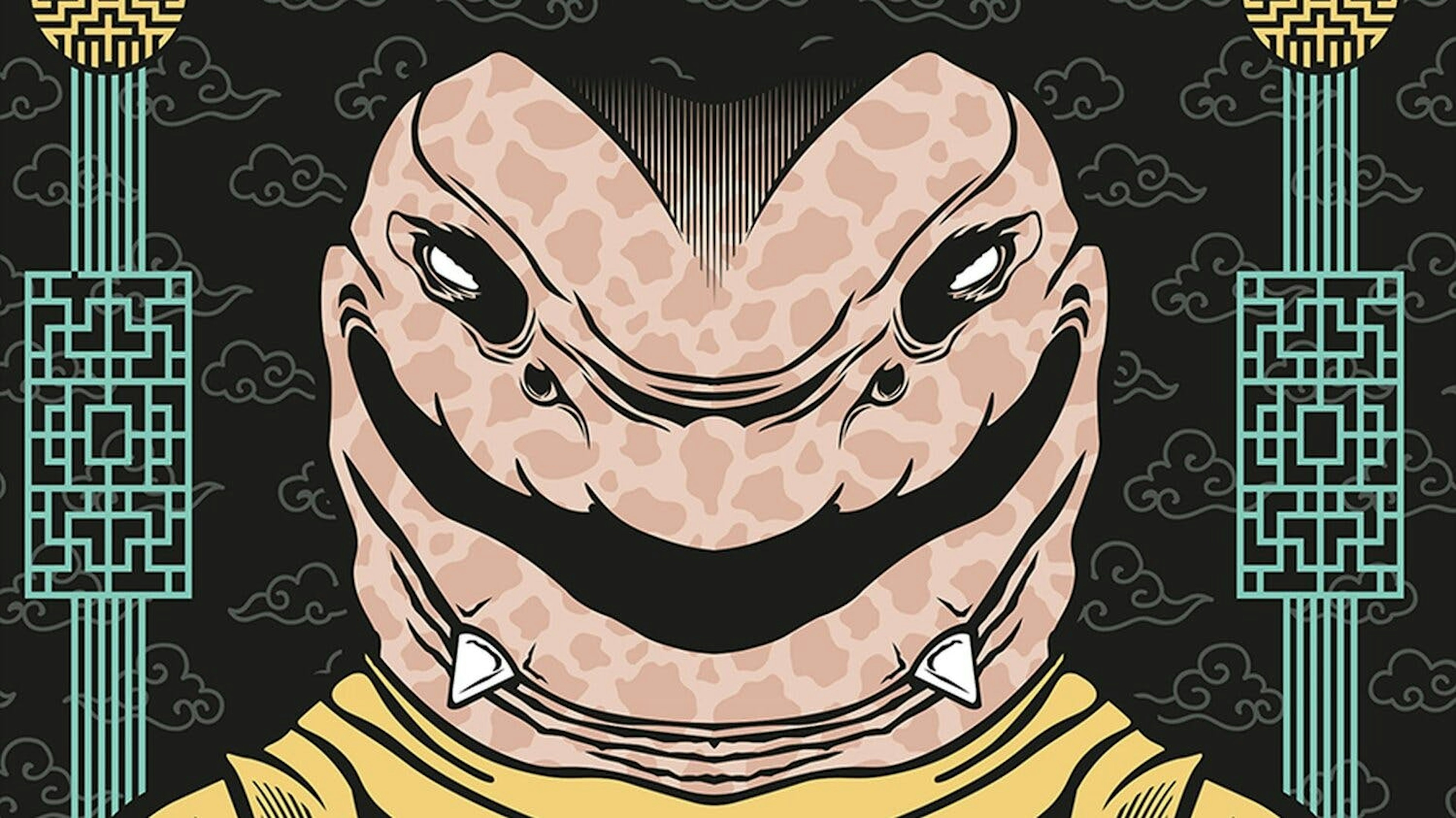 Cover art by Joshua Mendenhall for Unbreakable volume 1, featuring a smiling snake with two sharp horns protruding from its chin.