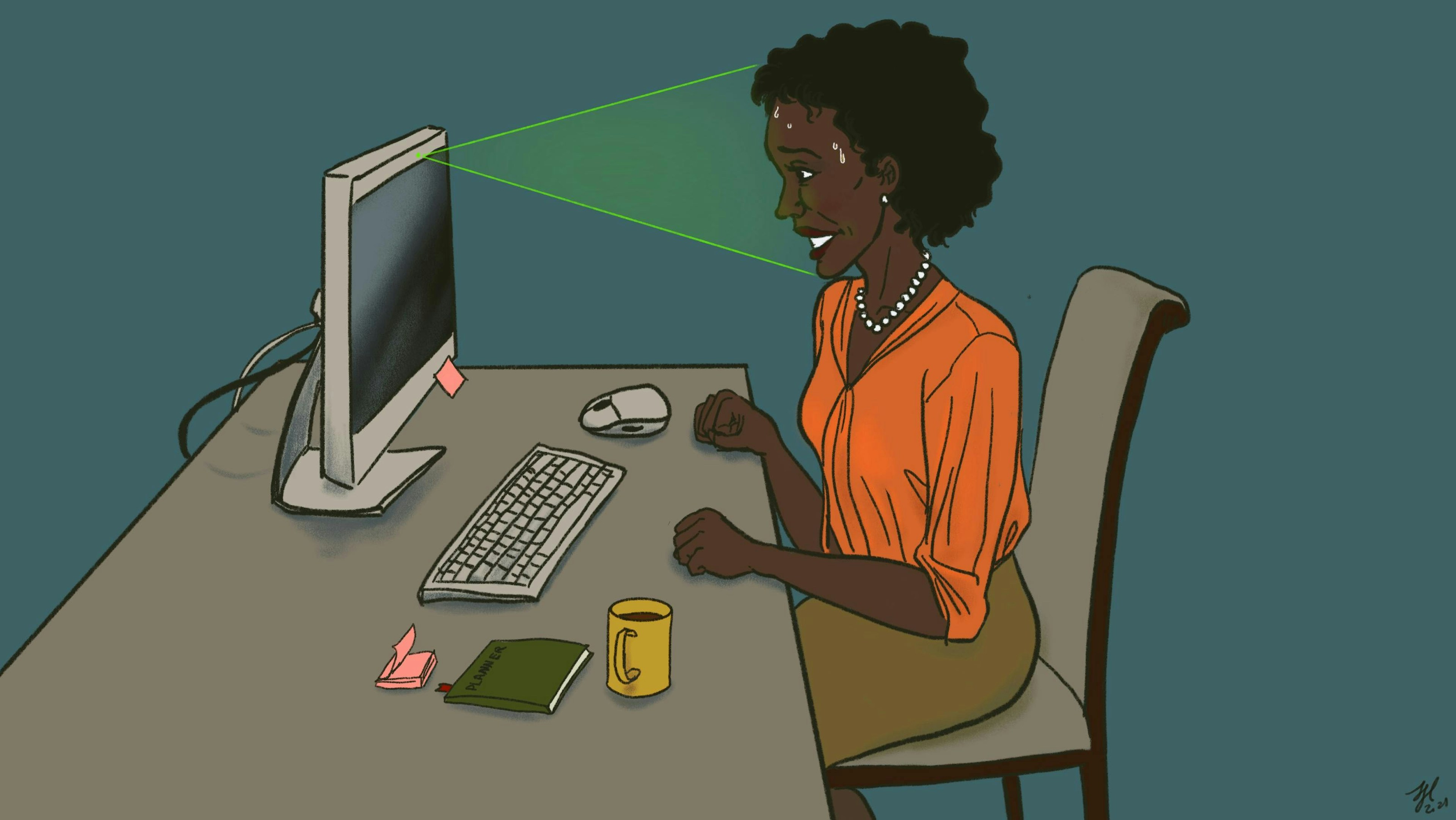 A black job seeker anxiously faces a computer screen, which is scanning her face.