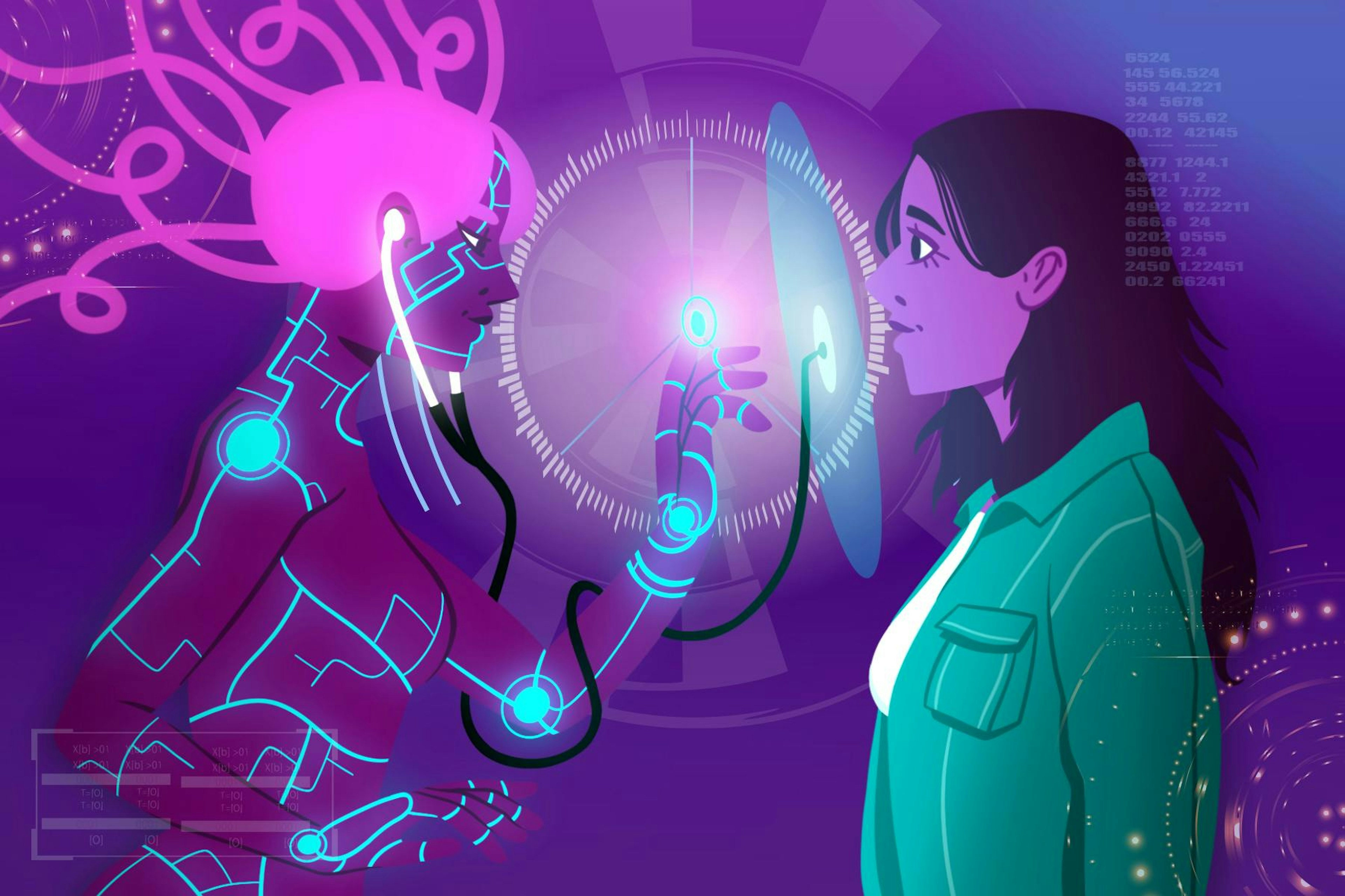 A woman faces a bio-avatar, the medically-connected version of herself.