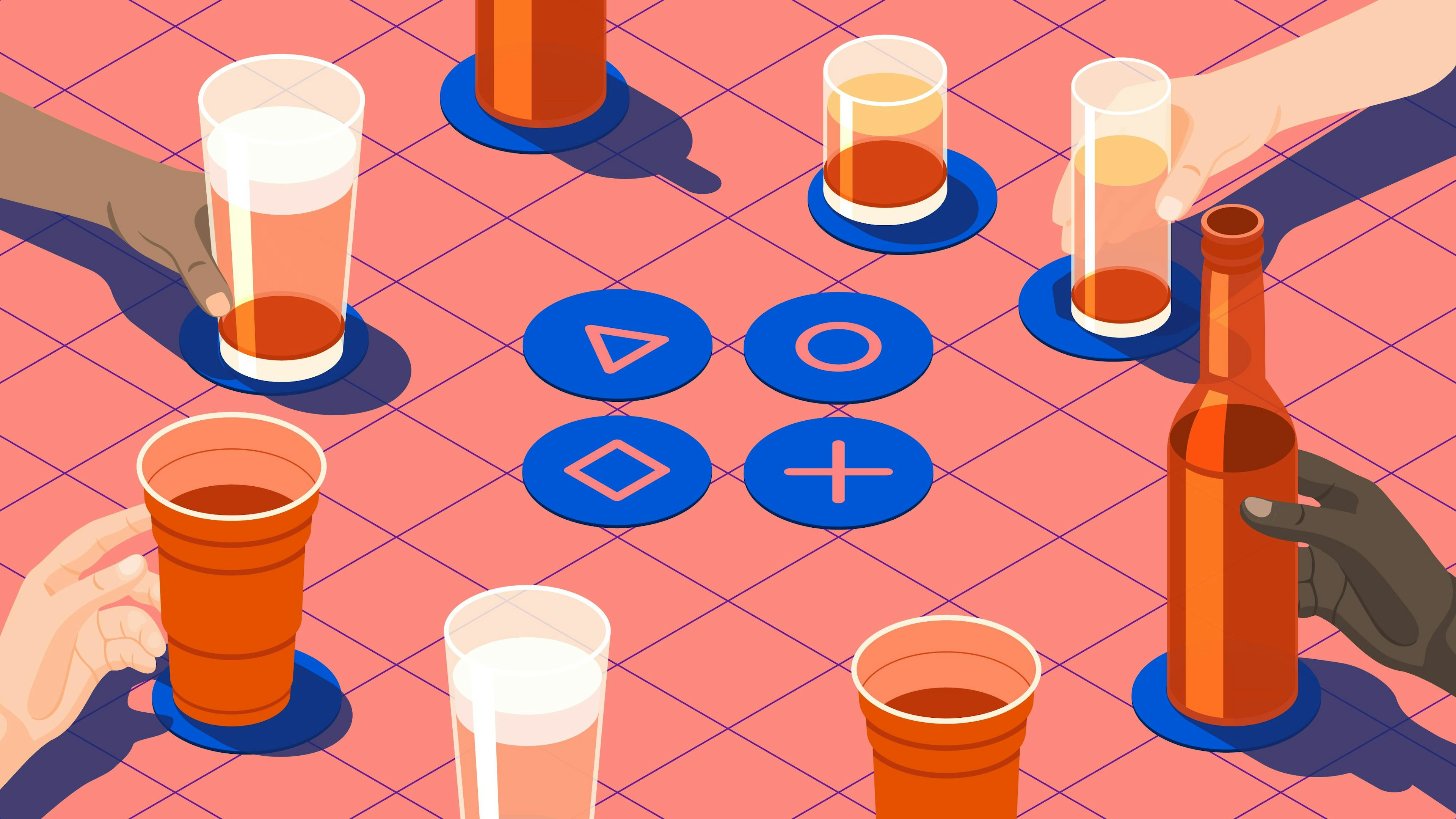 A round of drinks, positioned around beer coasters that resemble the buttons of a PlayStation controller.