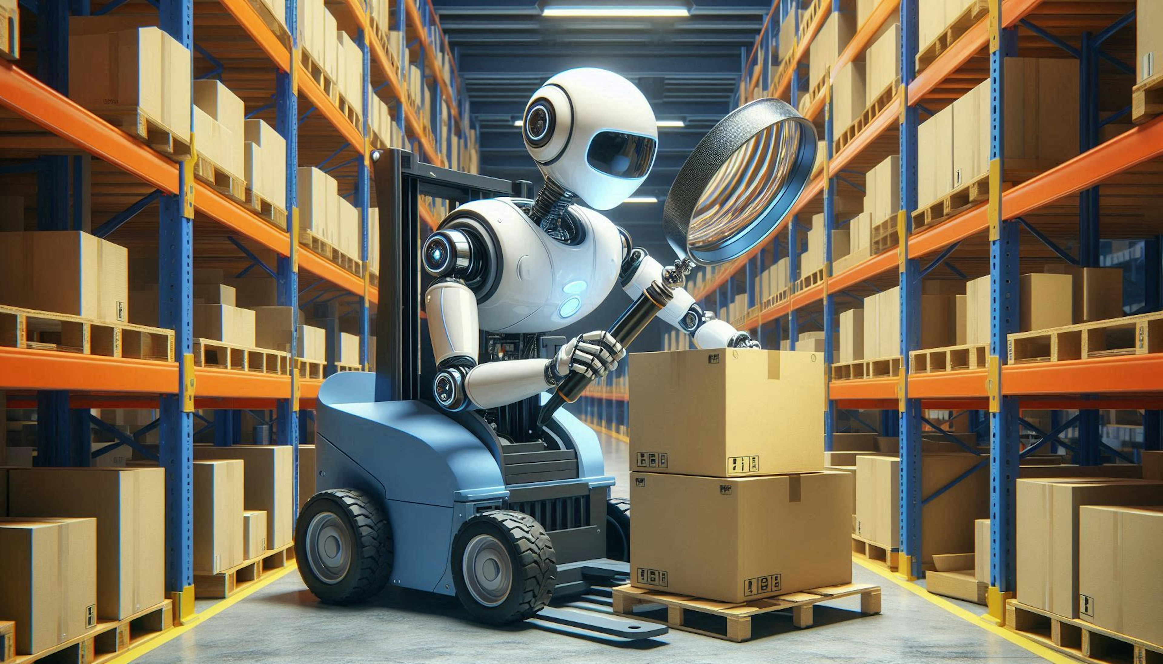 A rectangular image of a robot in a warehouse, using a giant magnifying glass to choose the correct box to place on its forklift.