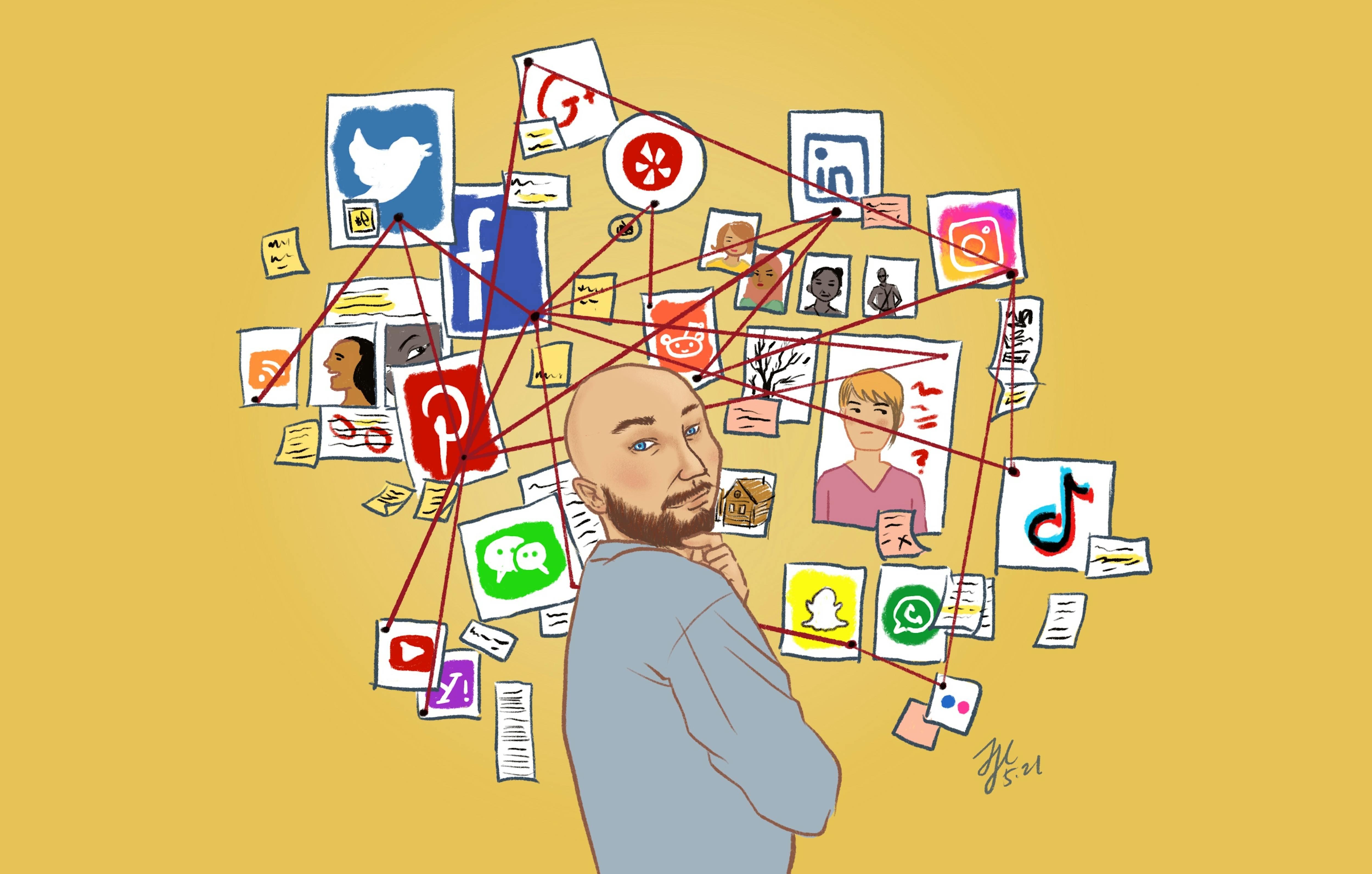 Illustration of Anthony Kelly, standing over a pinboard joining many different social media logos and other communications themes.