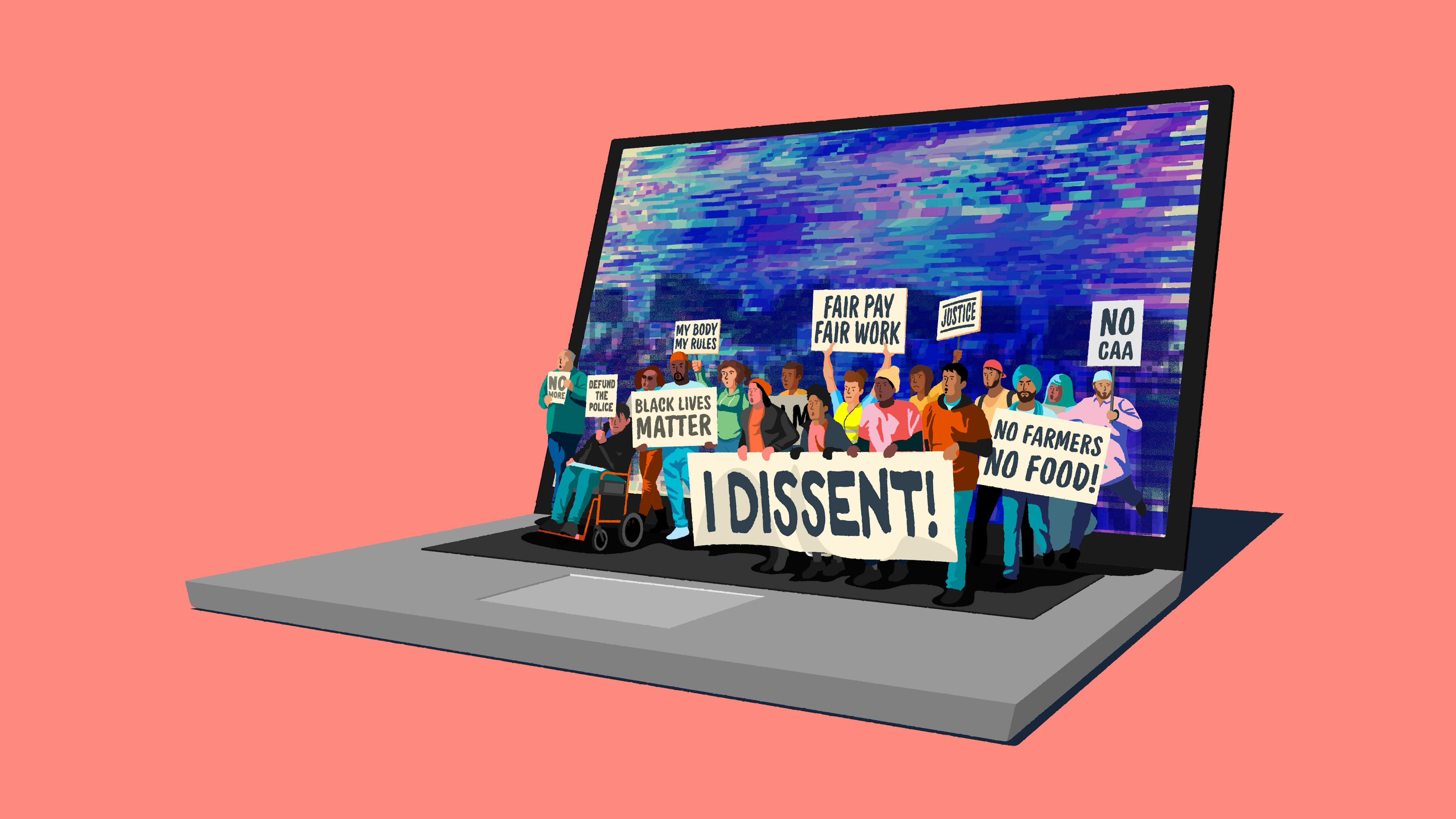 Dissenters of all kinds march out of a laptop computer screen.