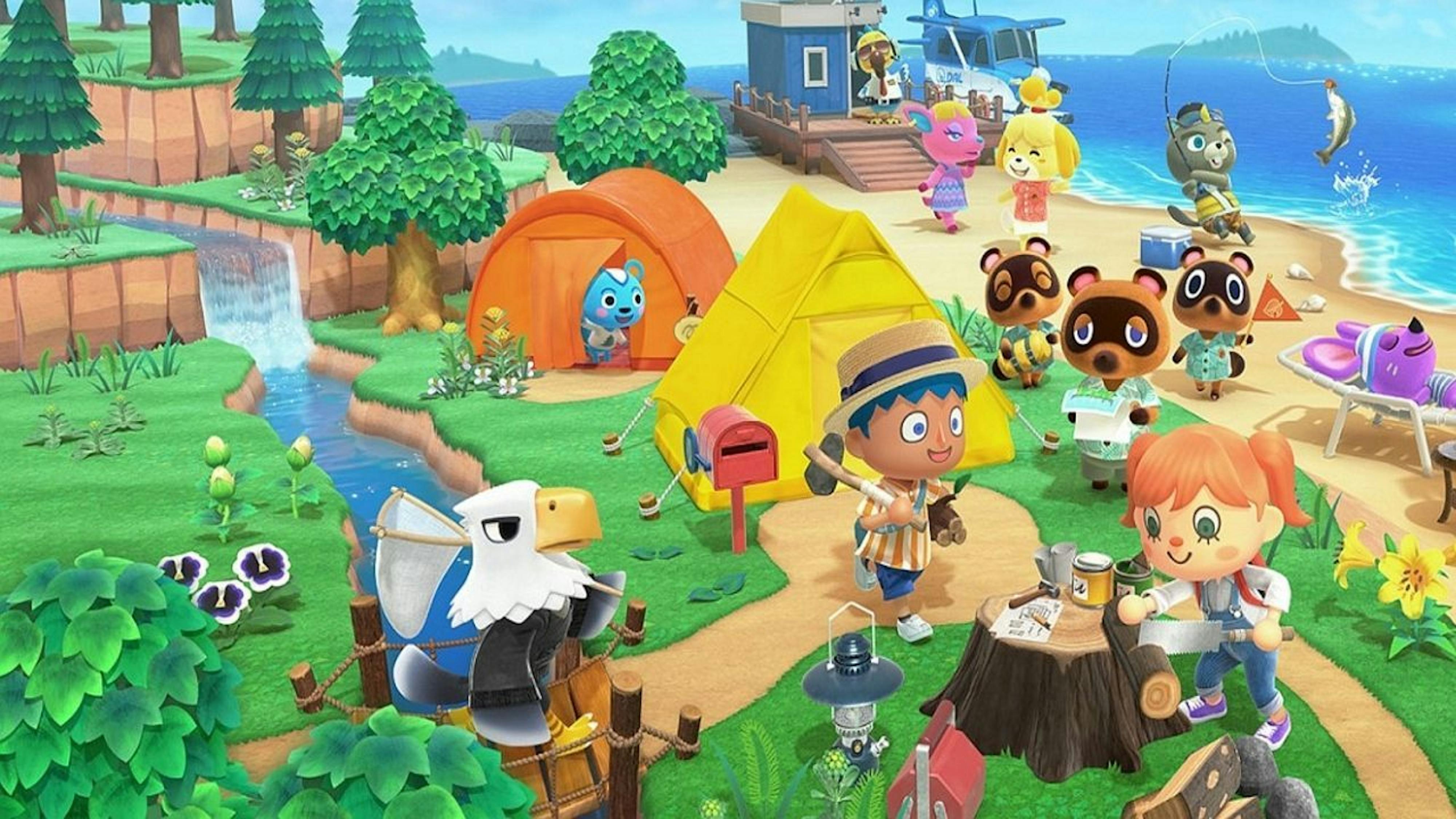 A community of humans and animals gathered in the game Animal Crossing.