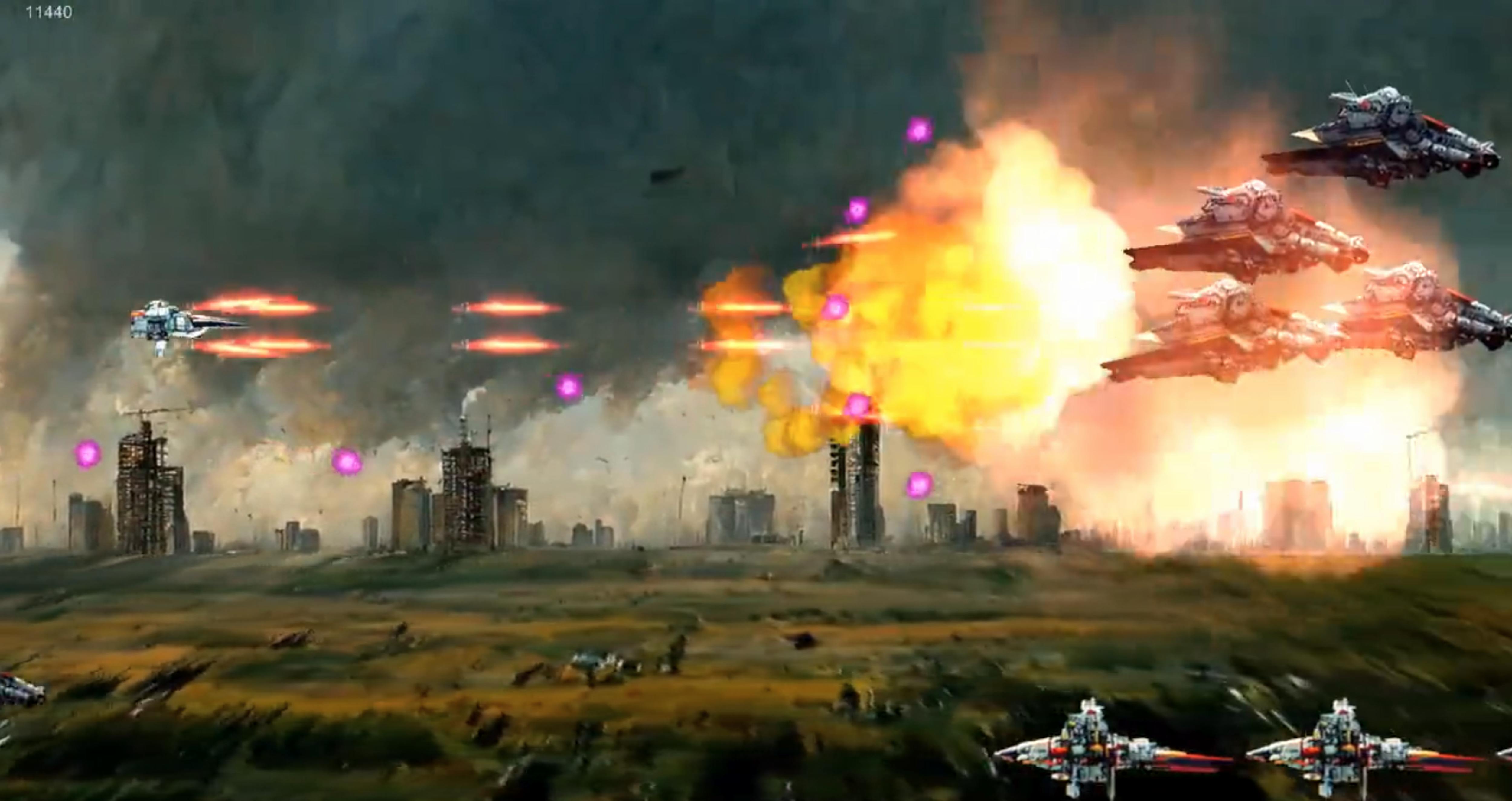 Screenshot of a space-themed shoot-'em-up game, Shoon, created in Midjourney. At left, one small ship fires at several larger ones on the right, with a large explosion in the middle. The battle occurs over a grey cityscape.