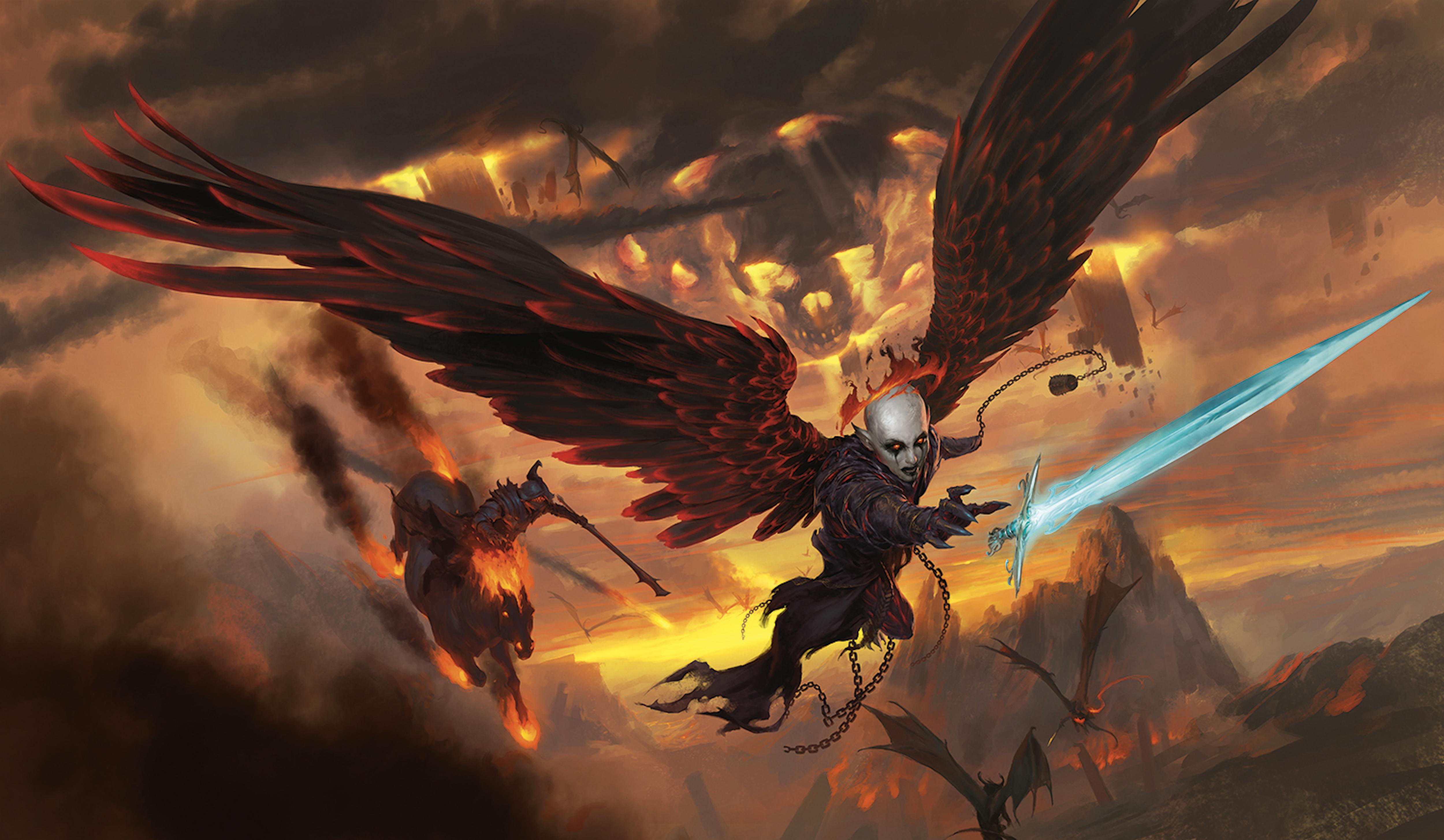 Key art for the Dungeons & Dragons adventure Baldur's Gate: Descent into Avernus, featuring a winged character flying through an apocalyptic eye, reaching for an icy sword.