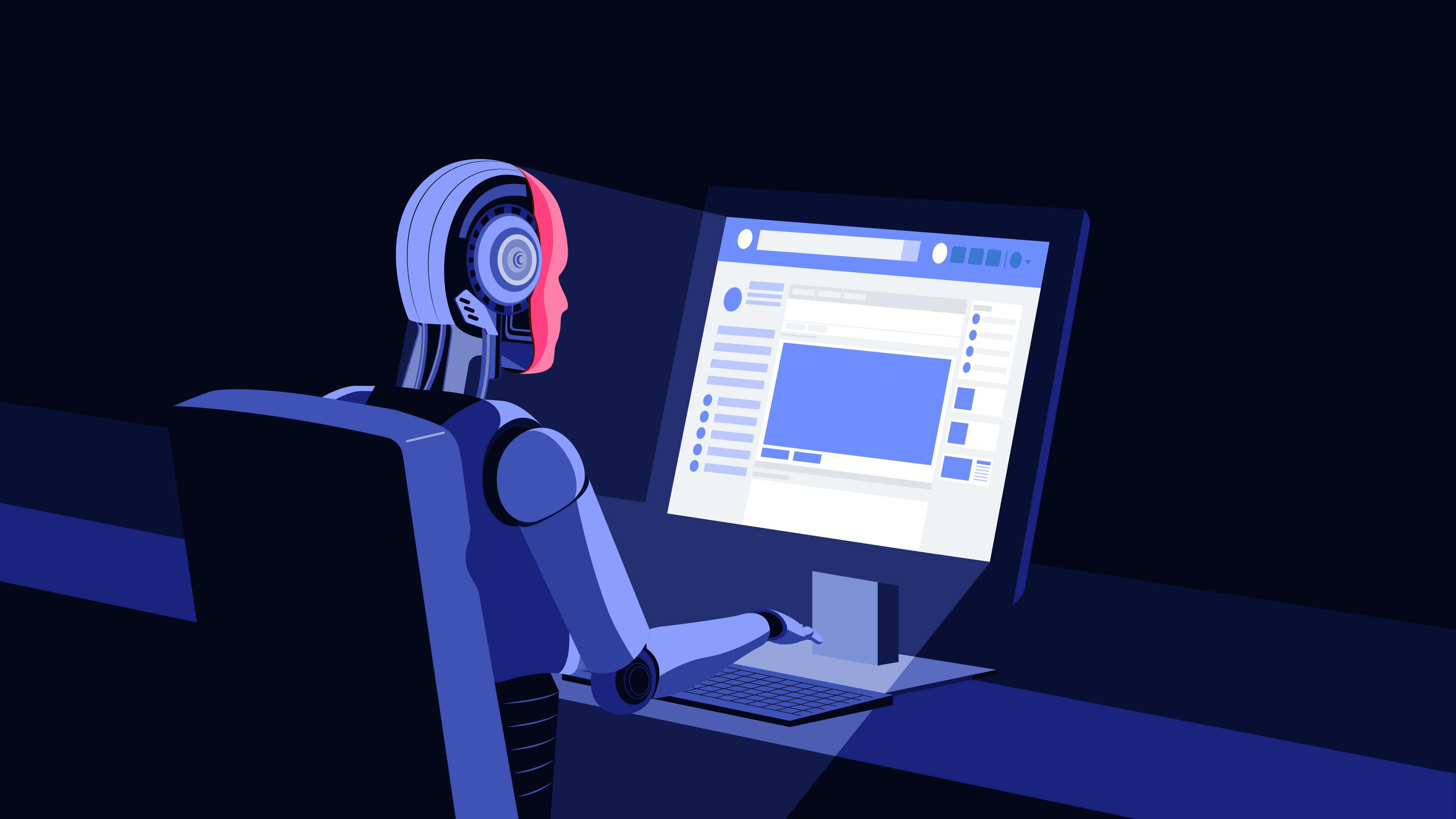 Illustration: A robot, posing as a human, uses a social network.