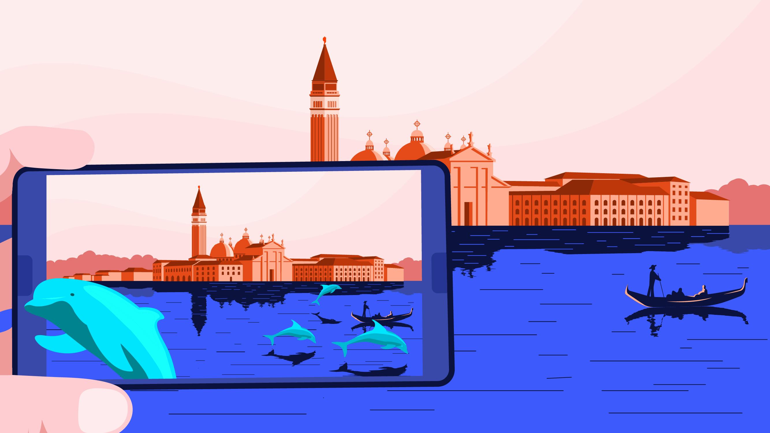 Illustration: A person takes a smartphone photo of the Venetian canals. Dolphins appear in the image on the phone, but are not there in reality.