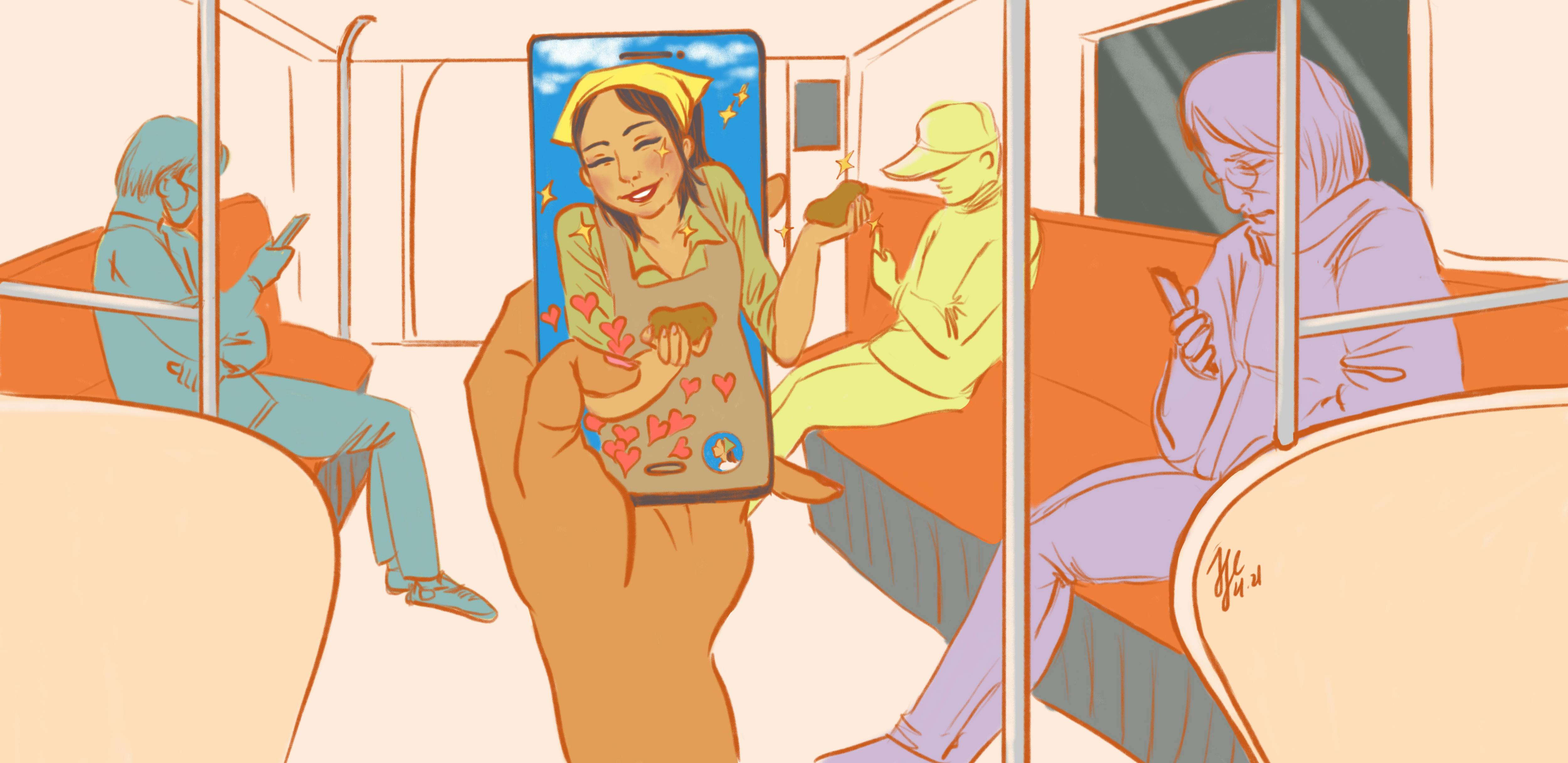 A hand holding up a phone that depicts a potato farmer selling her wares live, and receiving Likes. The disembodied person is on public transportation, where all other people are looking at their phones.