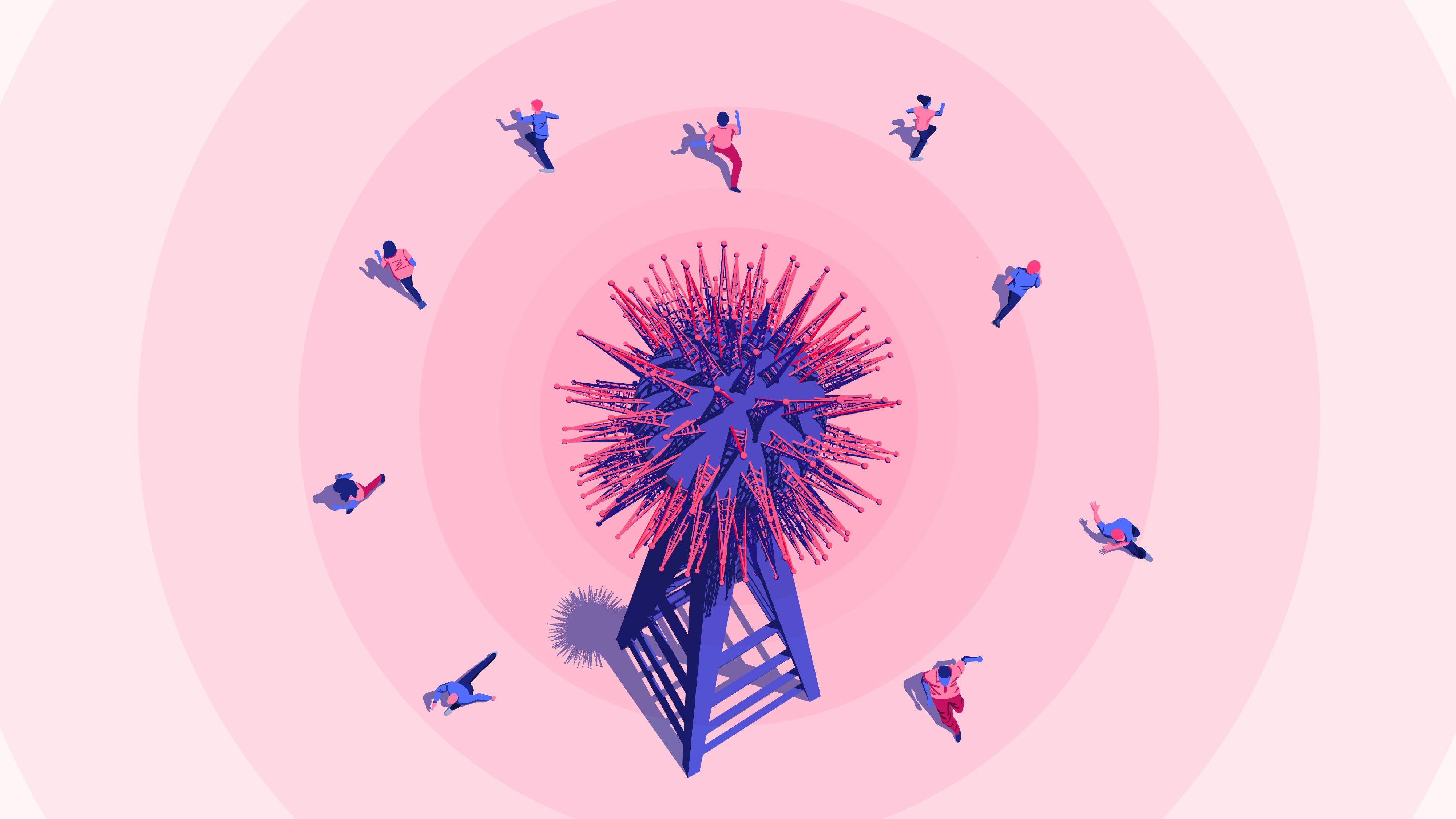 Illustration: a 5G tower from which people, afraid of contracting Covid-19, seek to escape