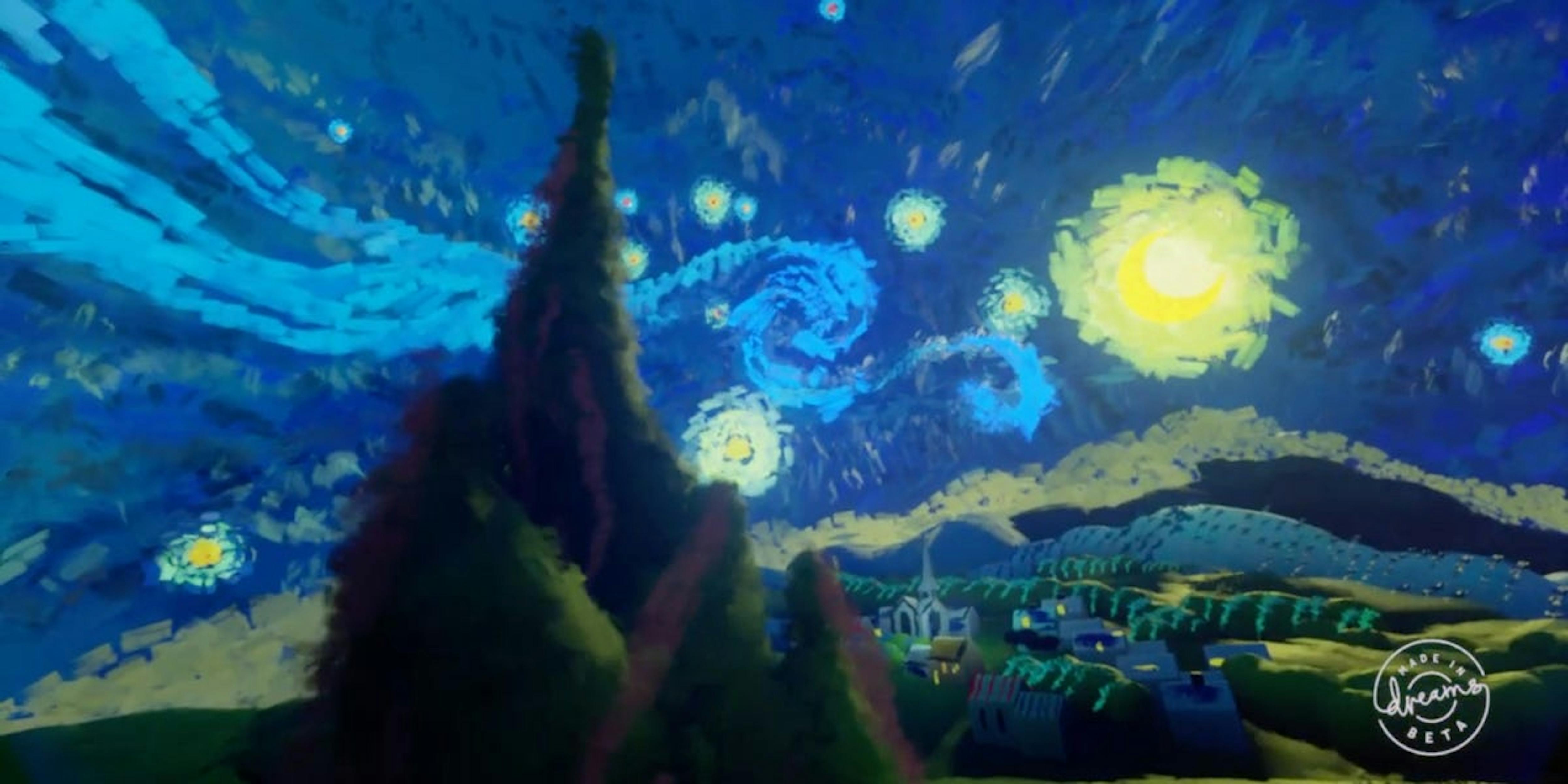 A landscape by TheOneironaut in the video game Dreams, designed to resemble Van Gogh's The Starry Night.