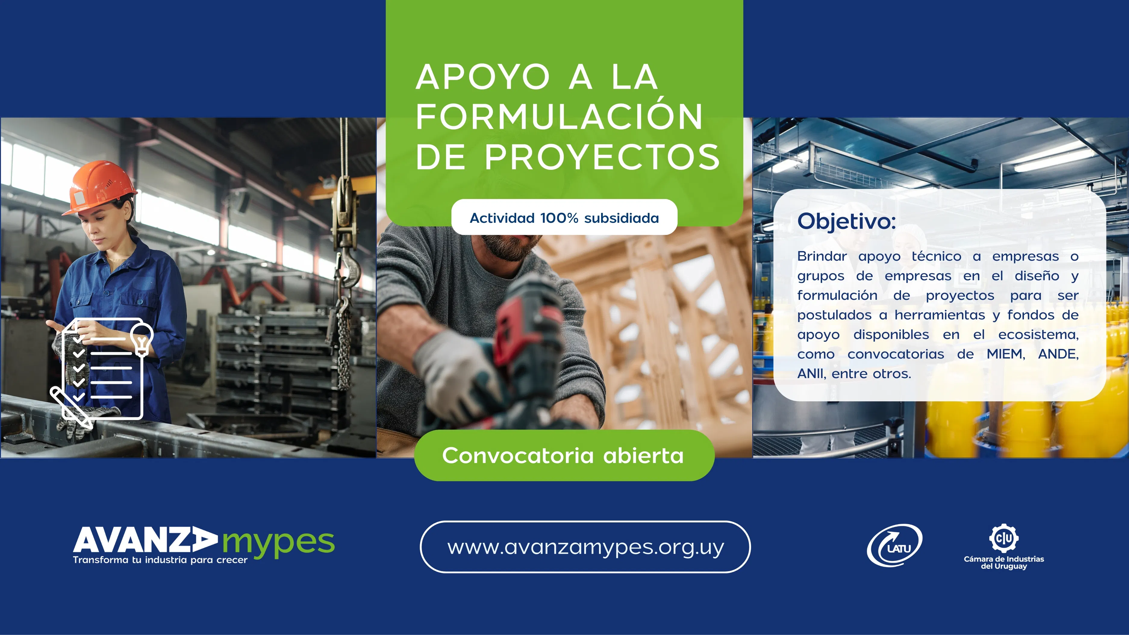 Apoyo a la formulación de proyectos. Avanza Mypes. Imágenes de personas trabajando en distintos lugares.