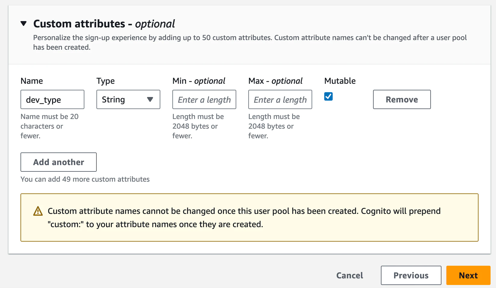 Adding custom attributes in Cognito