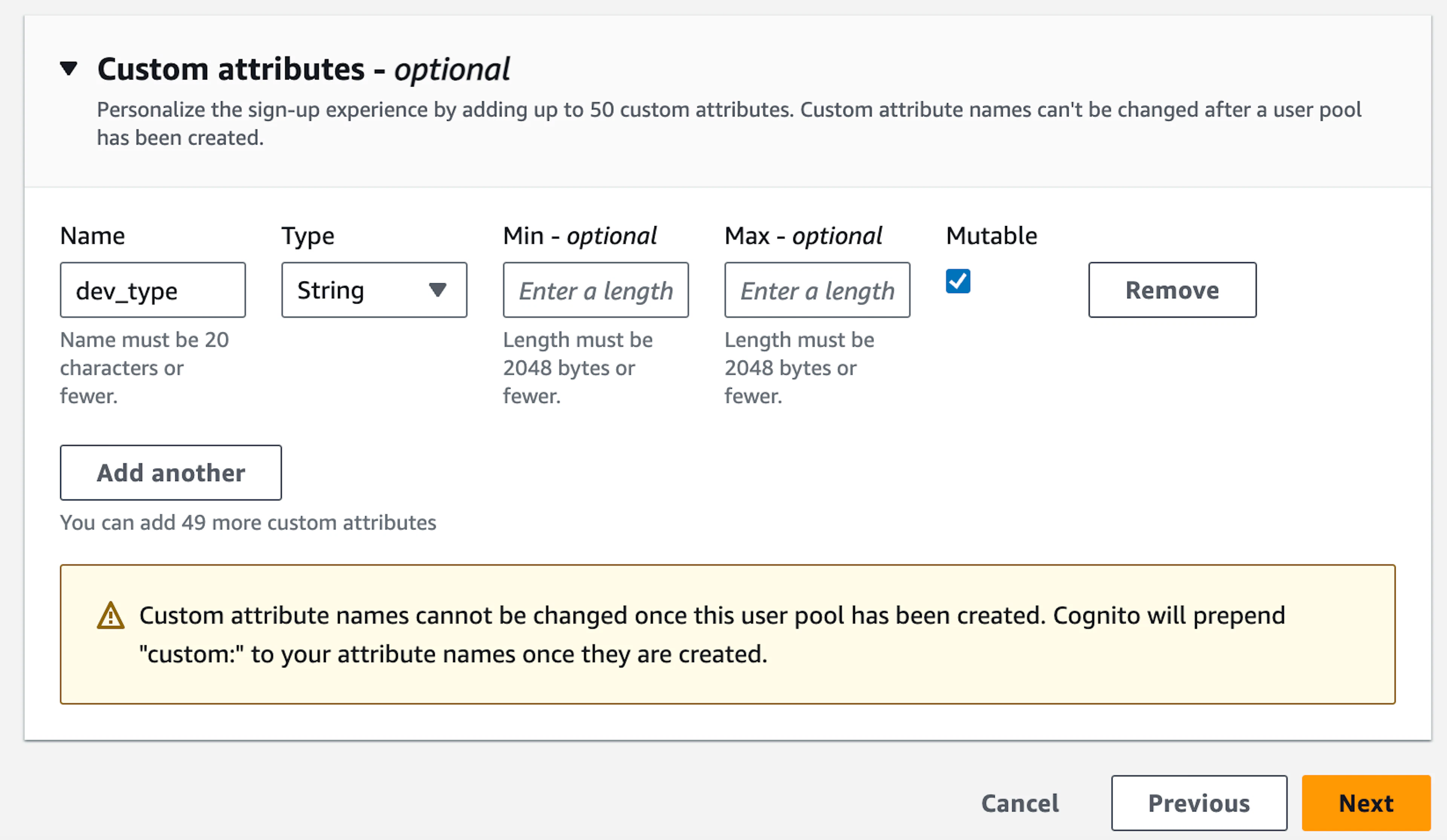 Adding custom attributes in Cognito